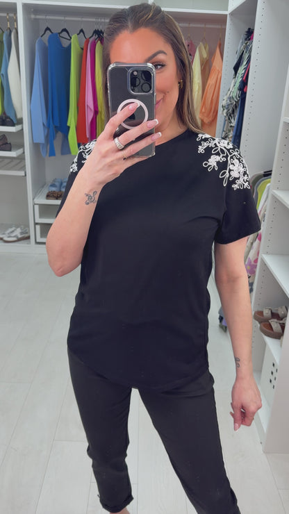 Beckie Plain Embroidered Shoulder Detail T-Shirt