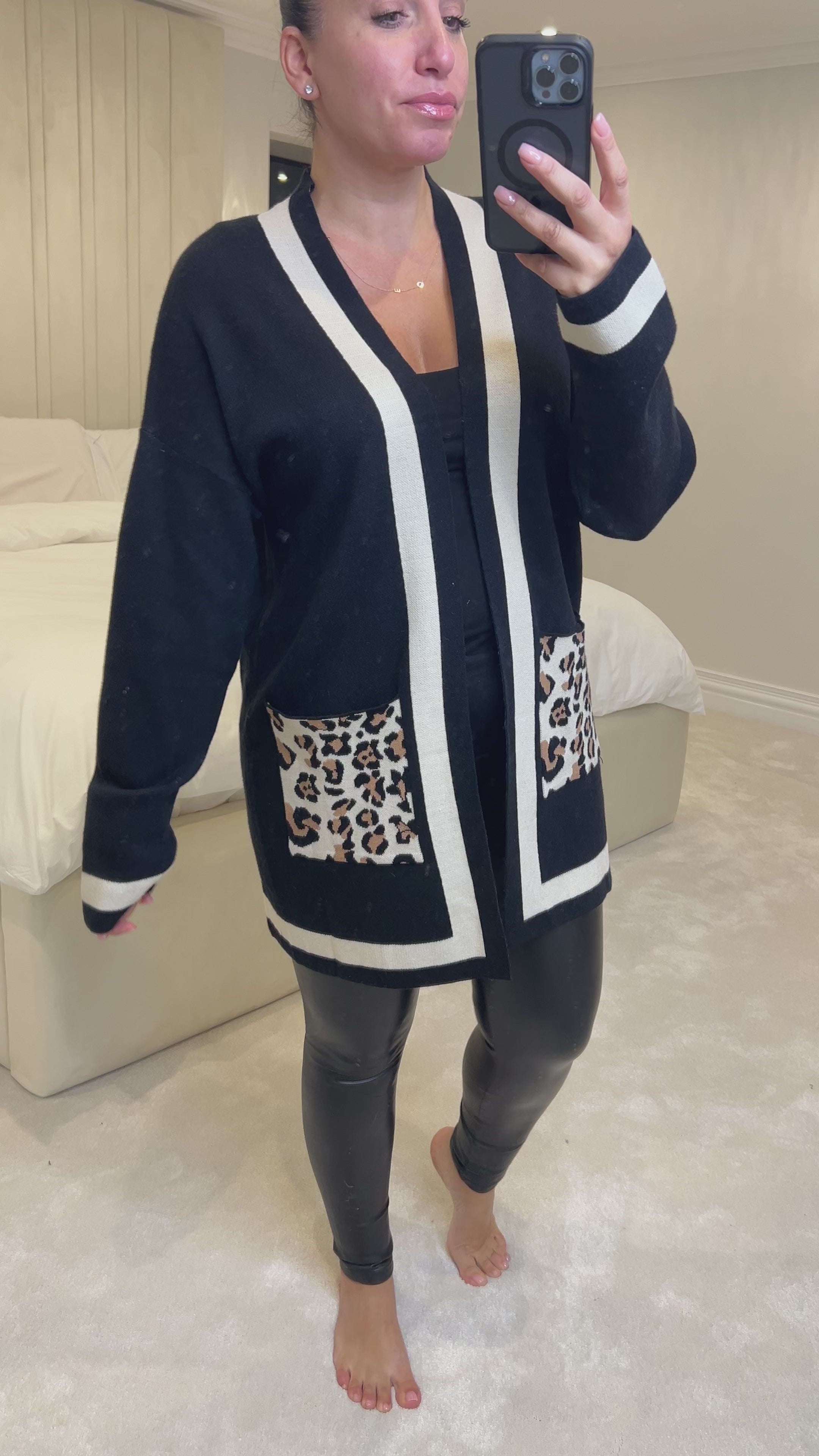 Load video: Gabri Leopard Print Deep Pocket Cardigan