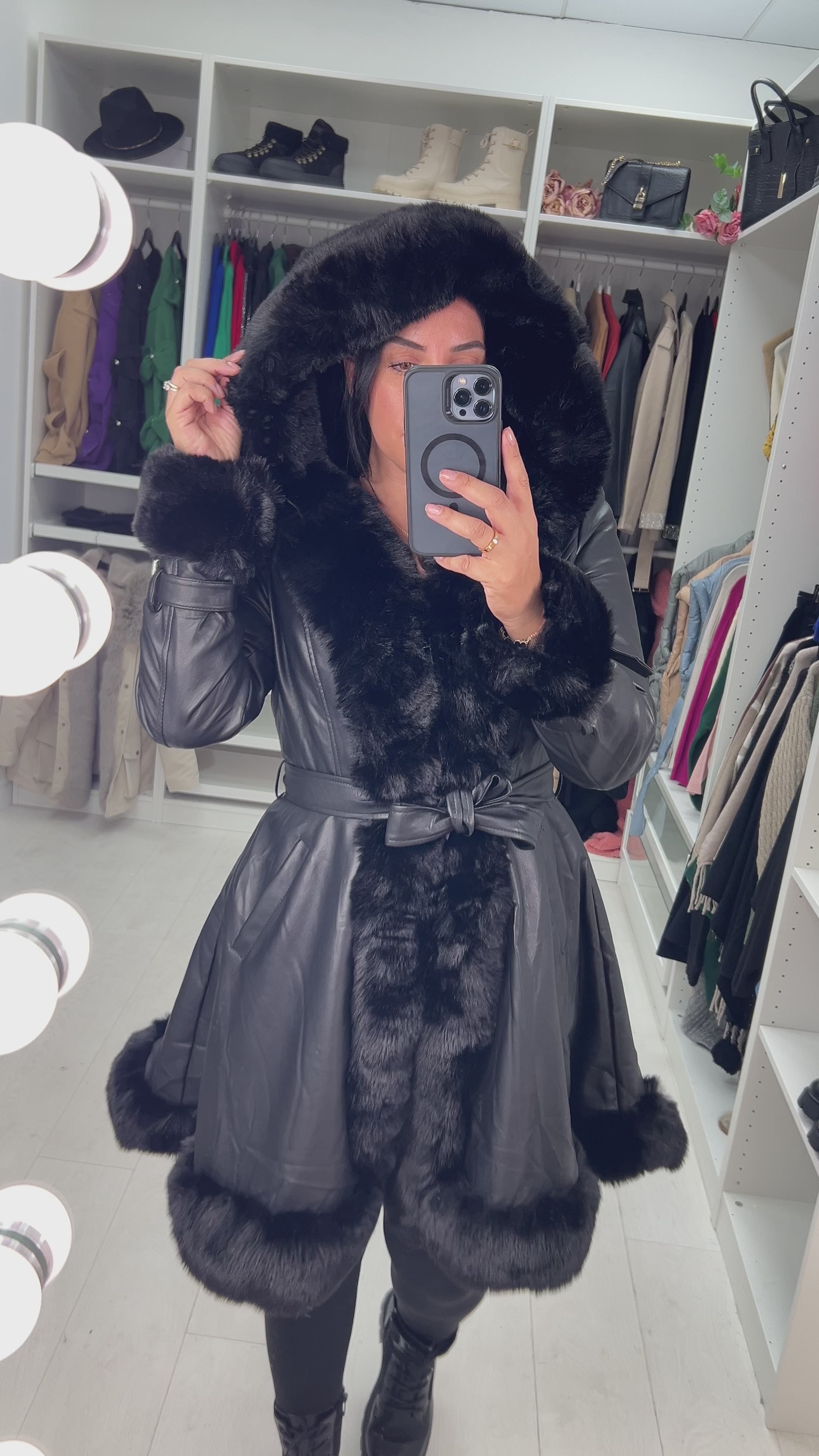Load video: Stephanie Black Faux Fur Trim Faux Leather Coat