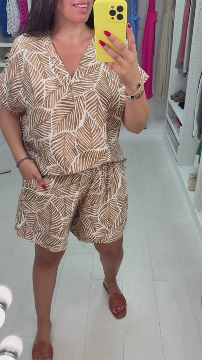 Delphine Leaf Print V Neck Shorts Co-Ord Set