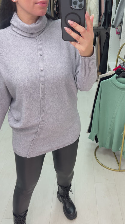 Selda Asymmetric Button Detailed Roll Neck Knit Jumper