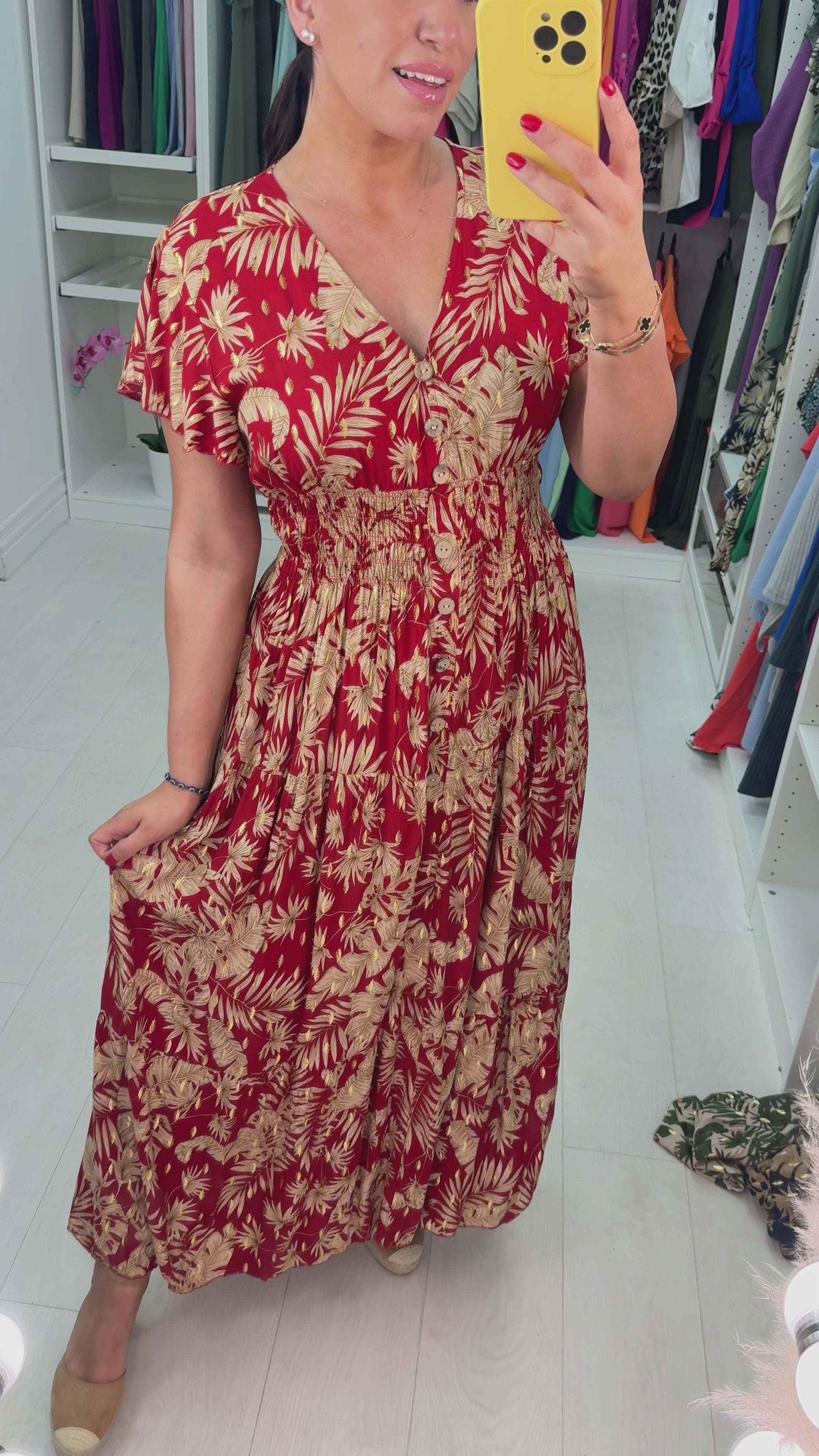 Calypso Frilly Sleeve Leaf Print Dress