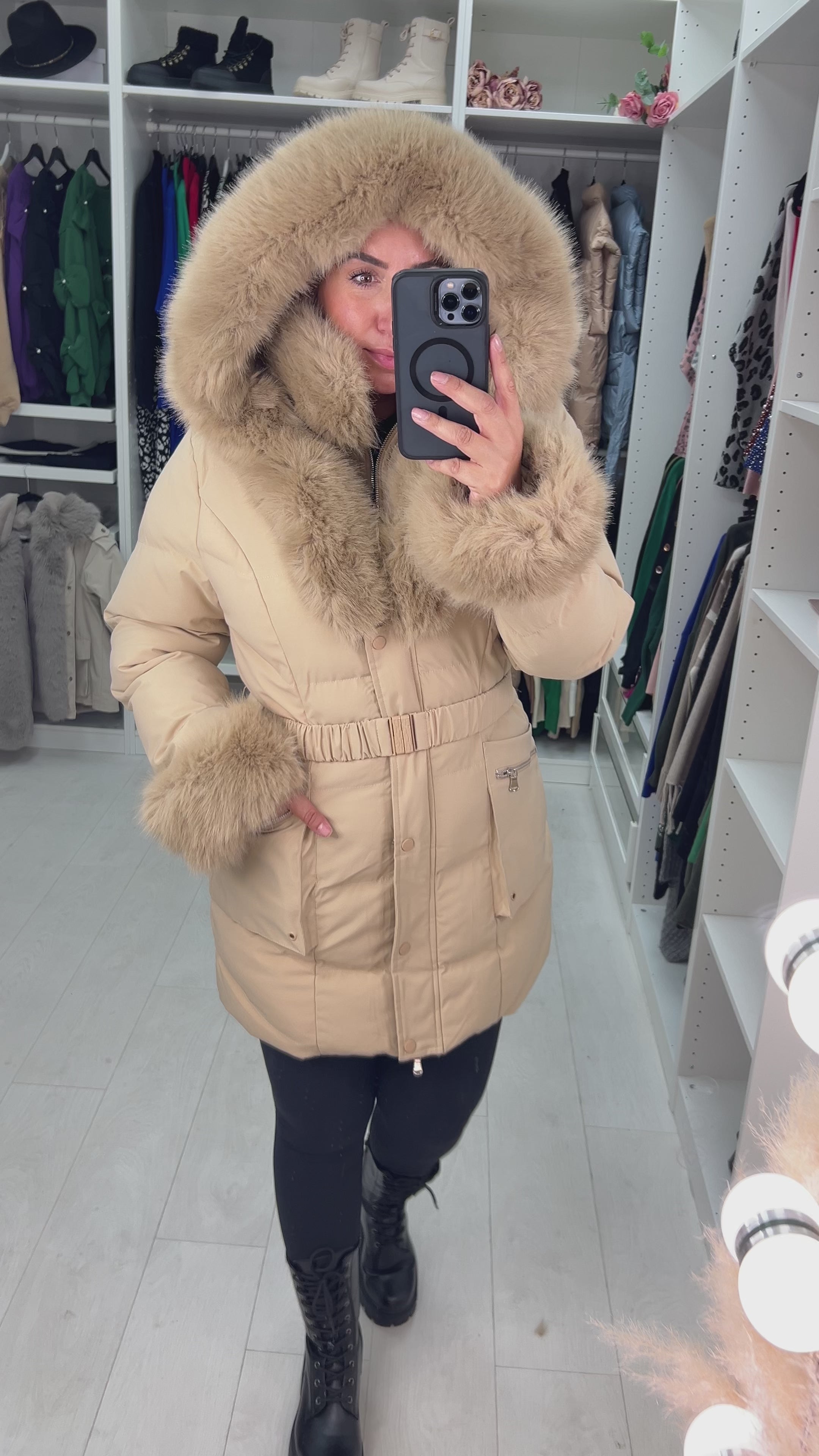 Load video: Noneya Beige Faux Fur Hooded Belt Coat