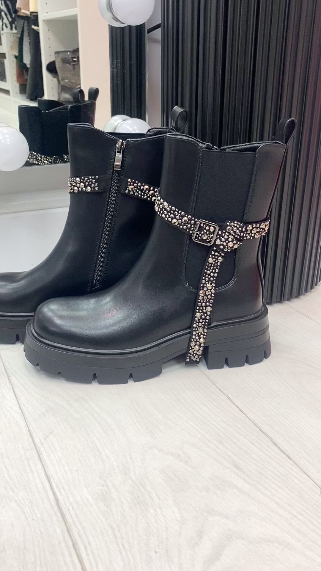 Load video: Amery Black Faux Leather Crystal Detail Ankle Boots