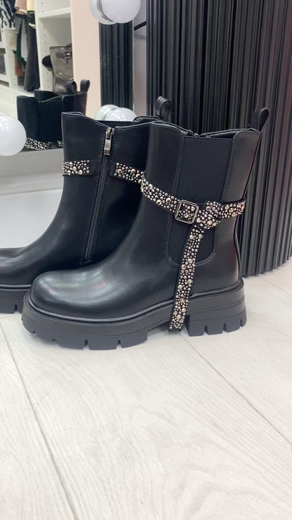 Amery Black Faux Leather Crystal Detail Ankle Boots