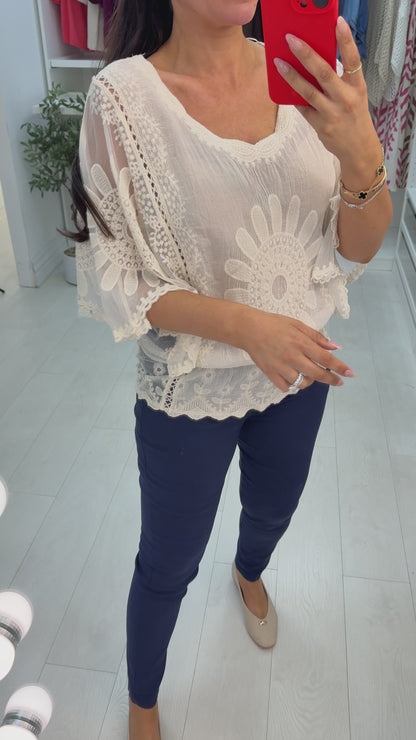 Izobel Embroidery Detailed Batwing Sleeve Blouse