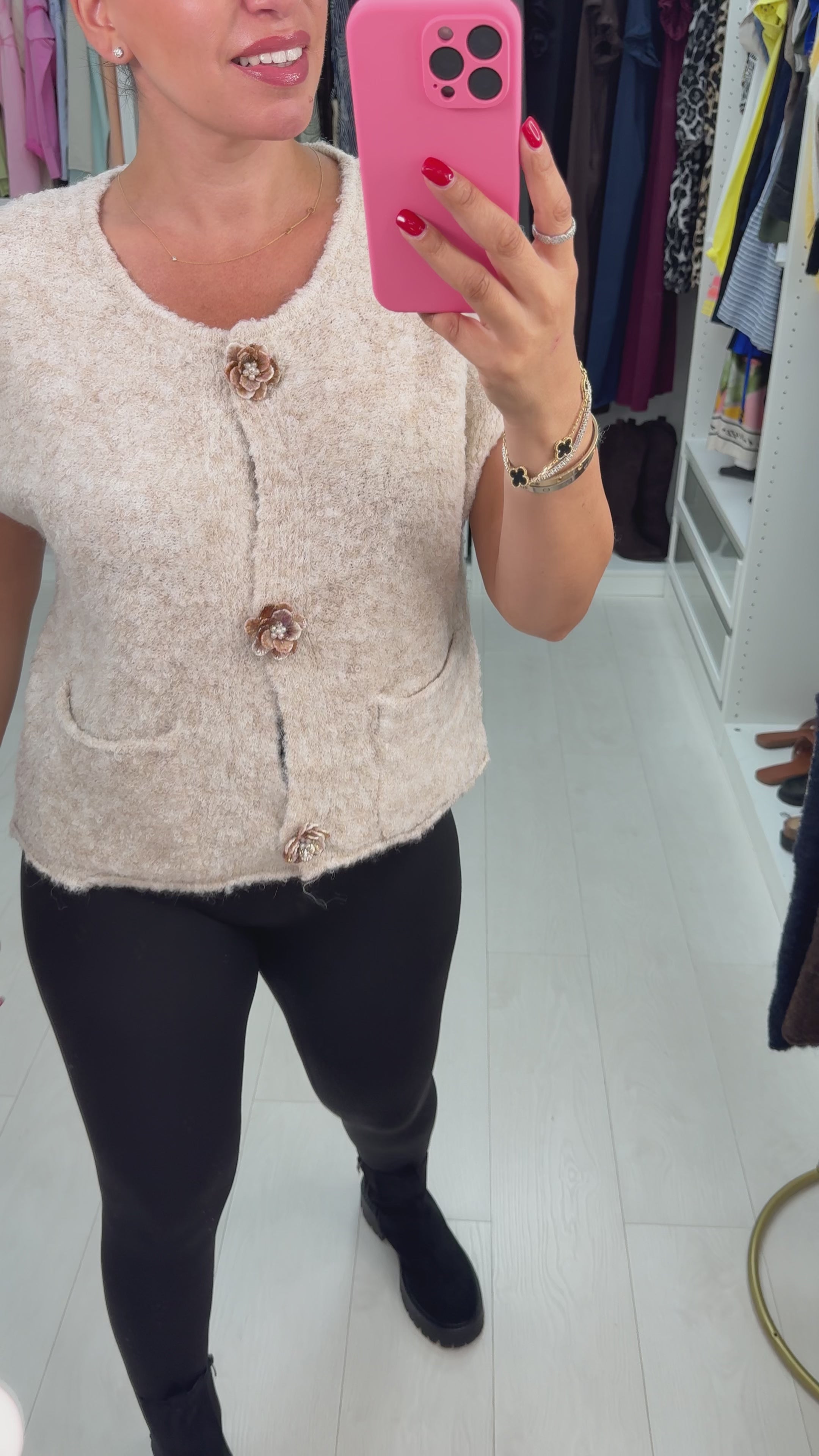 Load video: Lorella Plain Floral Button Detail Sleeveless Knit Cardigan