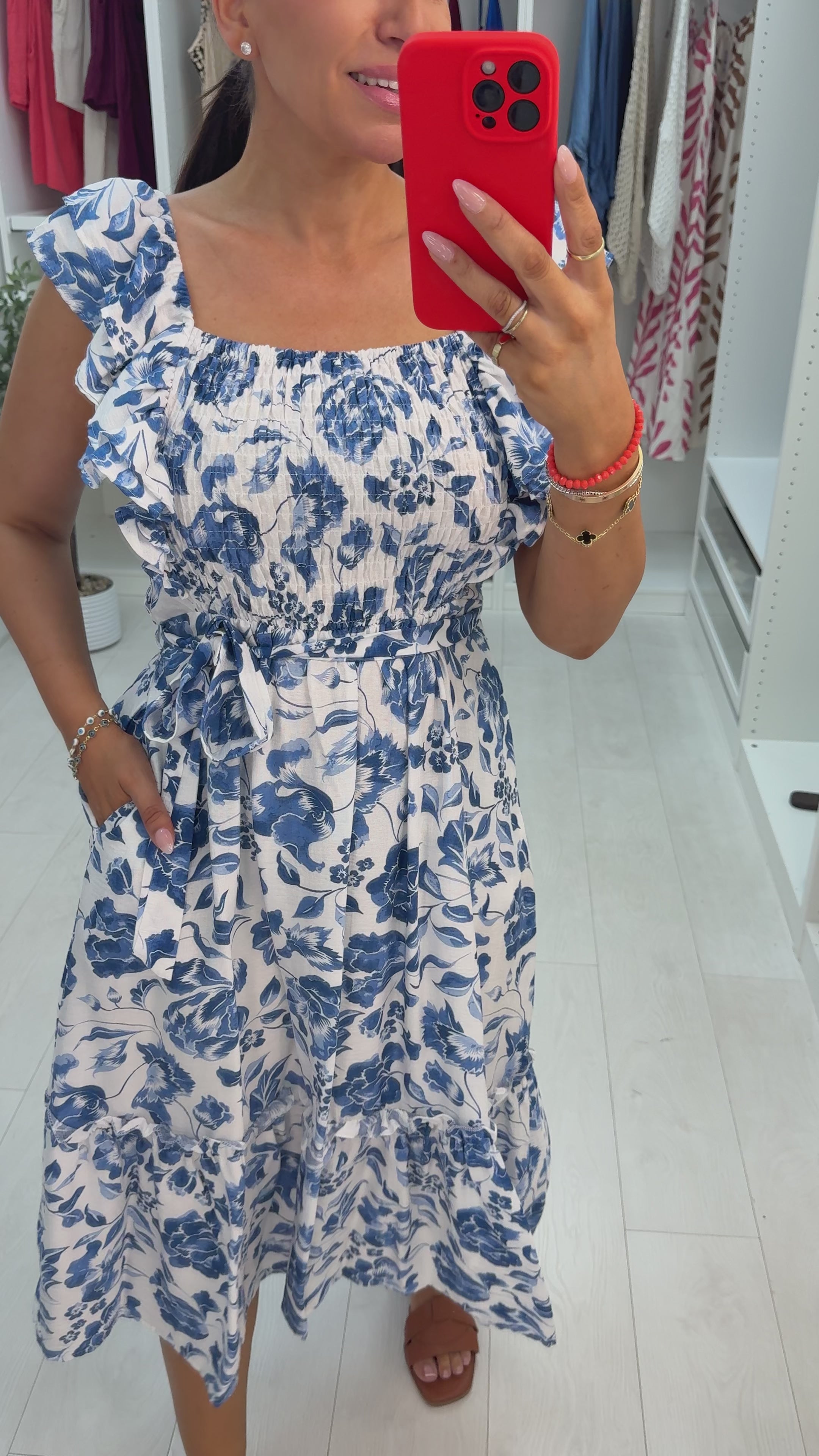 Load video: Winny Floral Print Frill Detailed Belted Dress