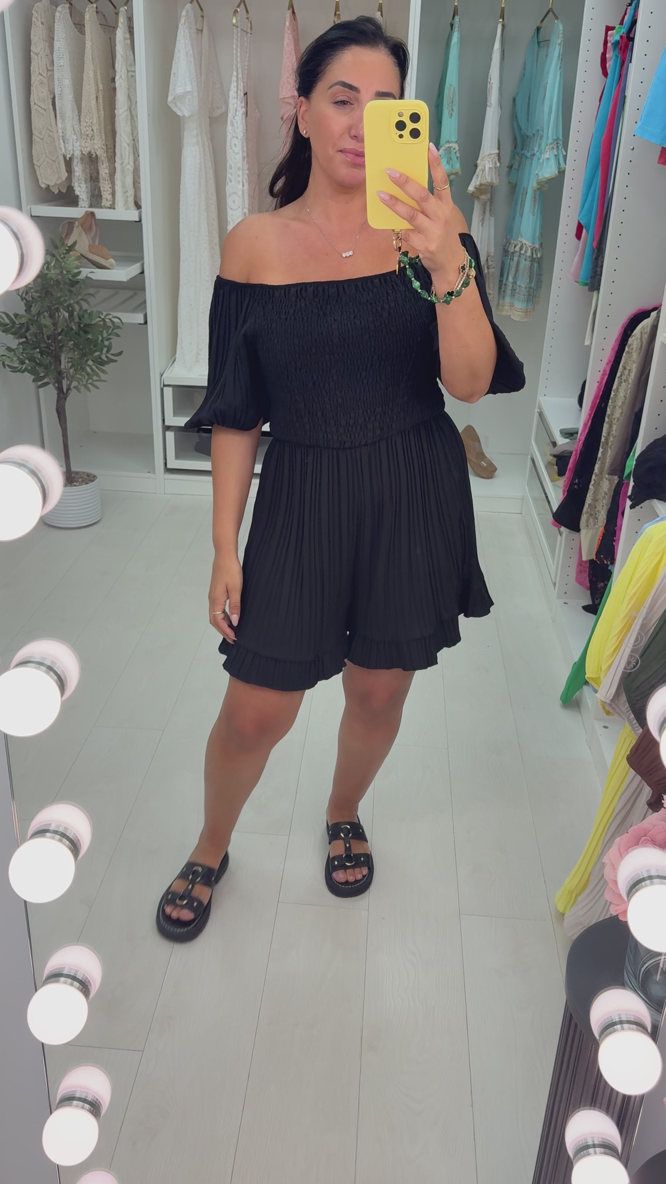 Load video: Ivette Plain Pleated Bardot Playsuit
