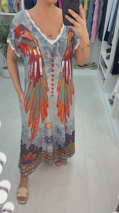 Joyce Angel Wing Pattern Short Sleeve Loose Fit Dress