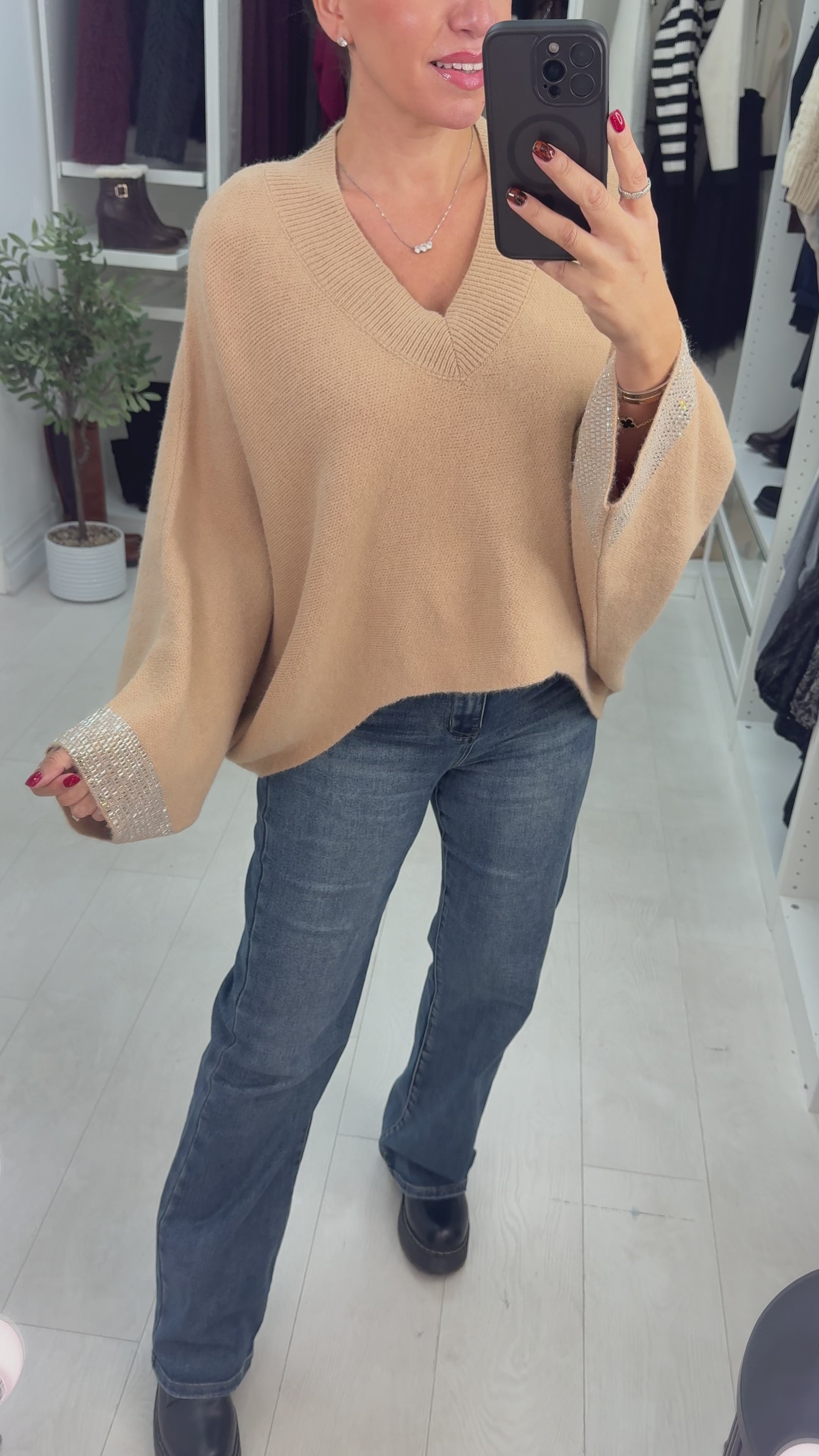 Ramona Plain Diamante Sleeve Detail Loose Fit Jumper