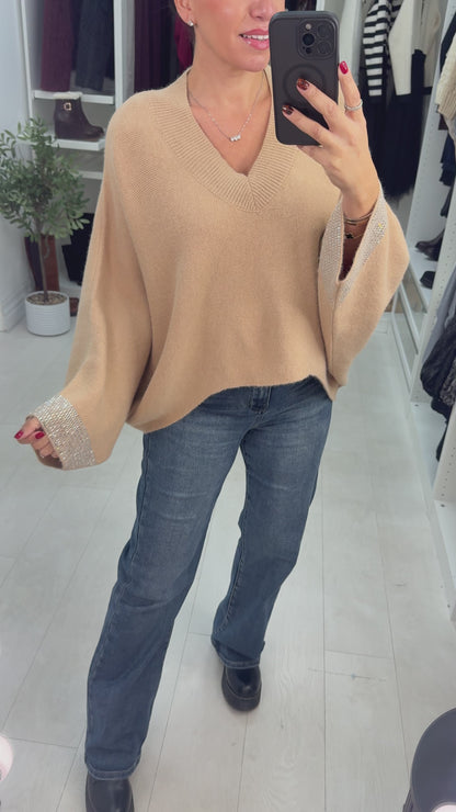 Ramona Plain Diamante Sleeve Detail Loose Fit Jumper