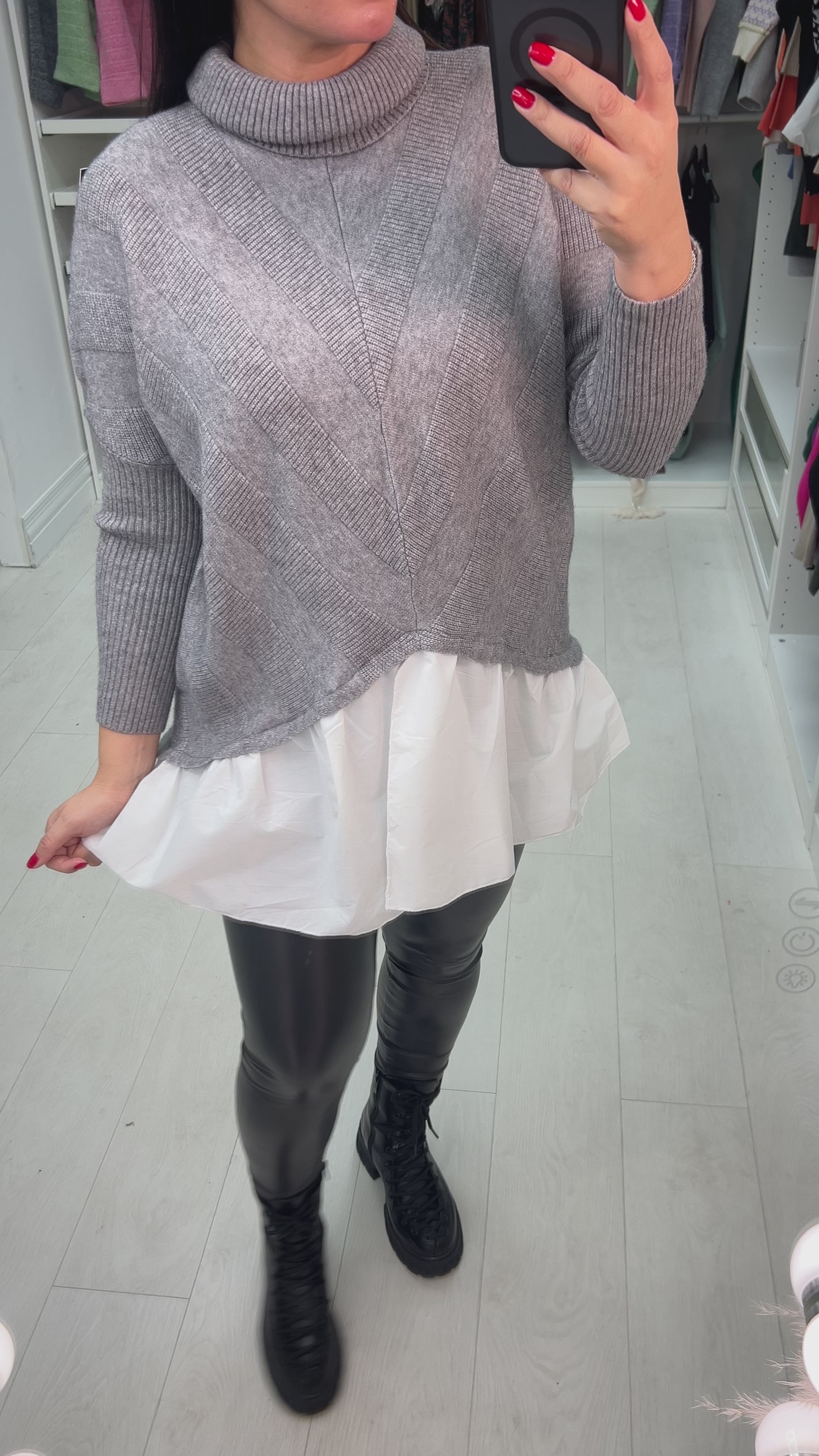 Load video: Kennedy Oversized Ribbed V-panel Roll Neck Shirt Jumper