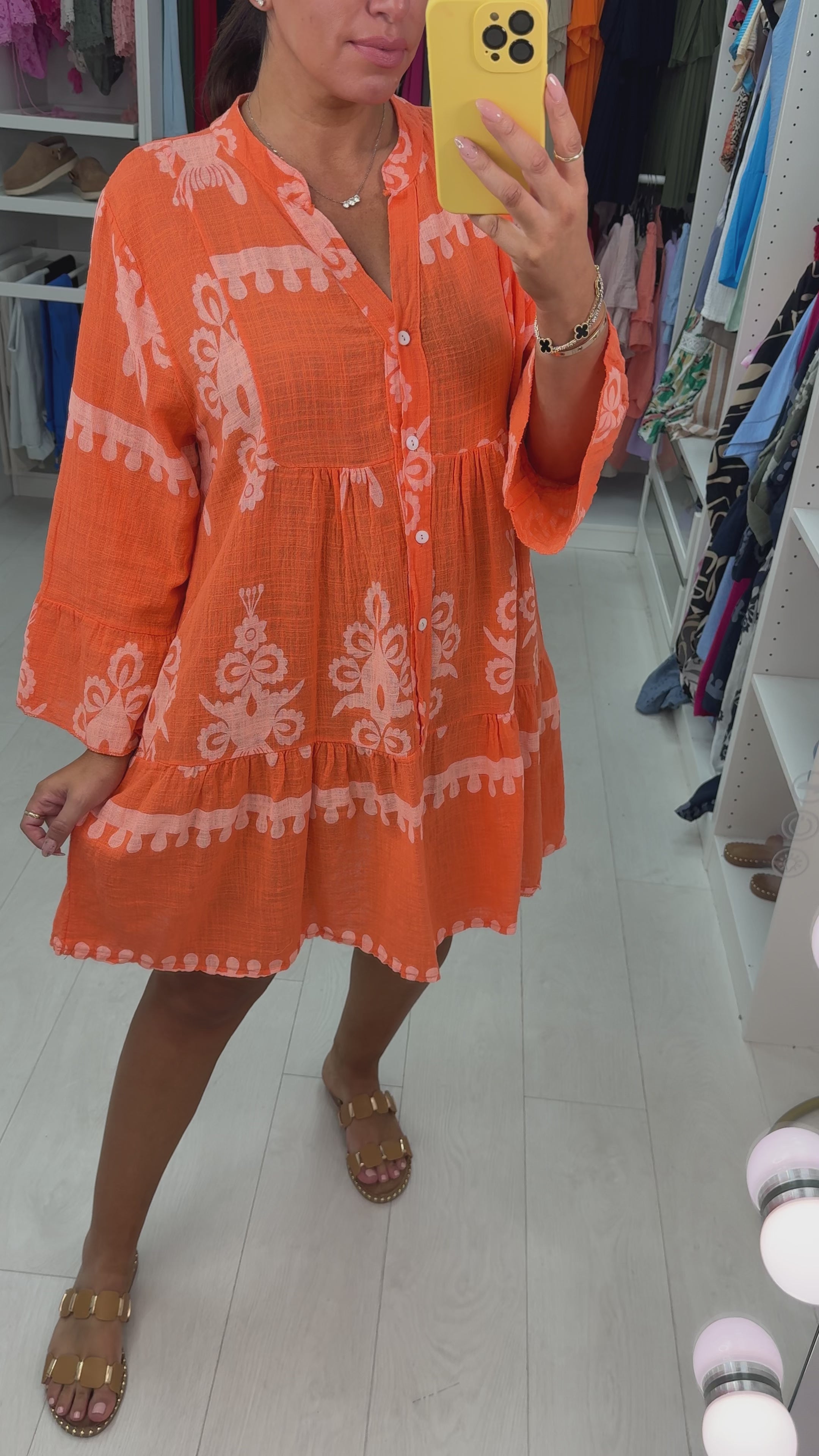 Load video: Almeida Printed Linen Smock Dress