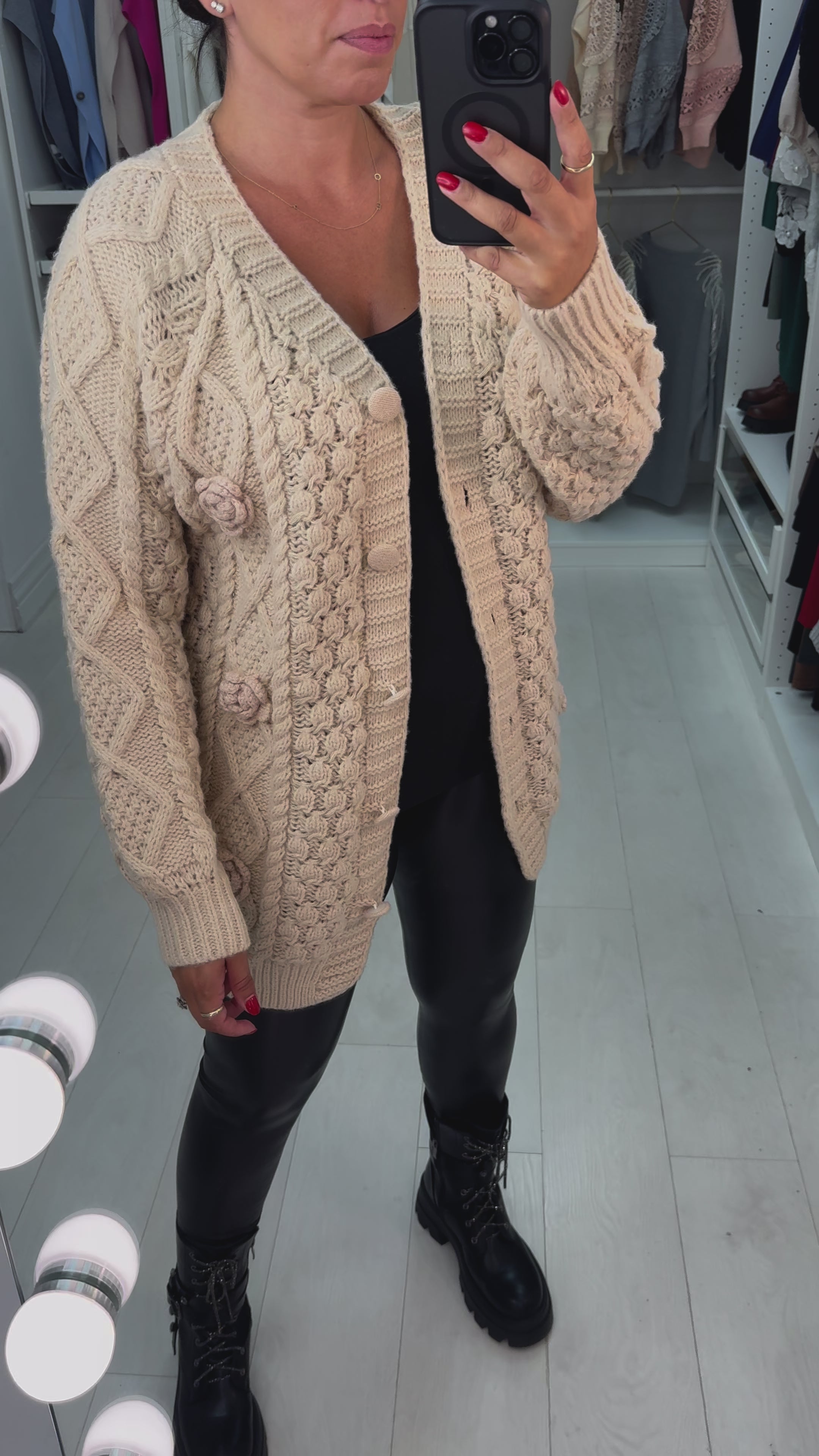 Load video: Sadia Chunky Floral Knit Crochet Cardigan