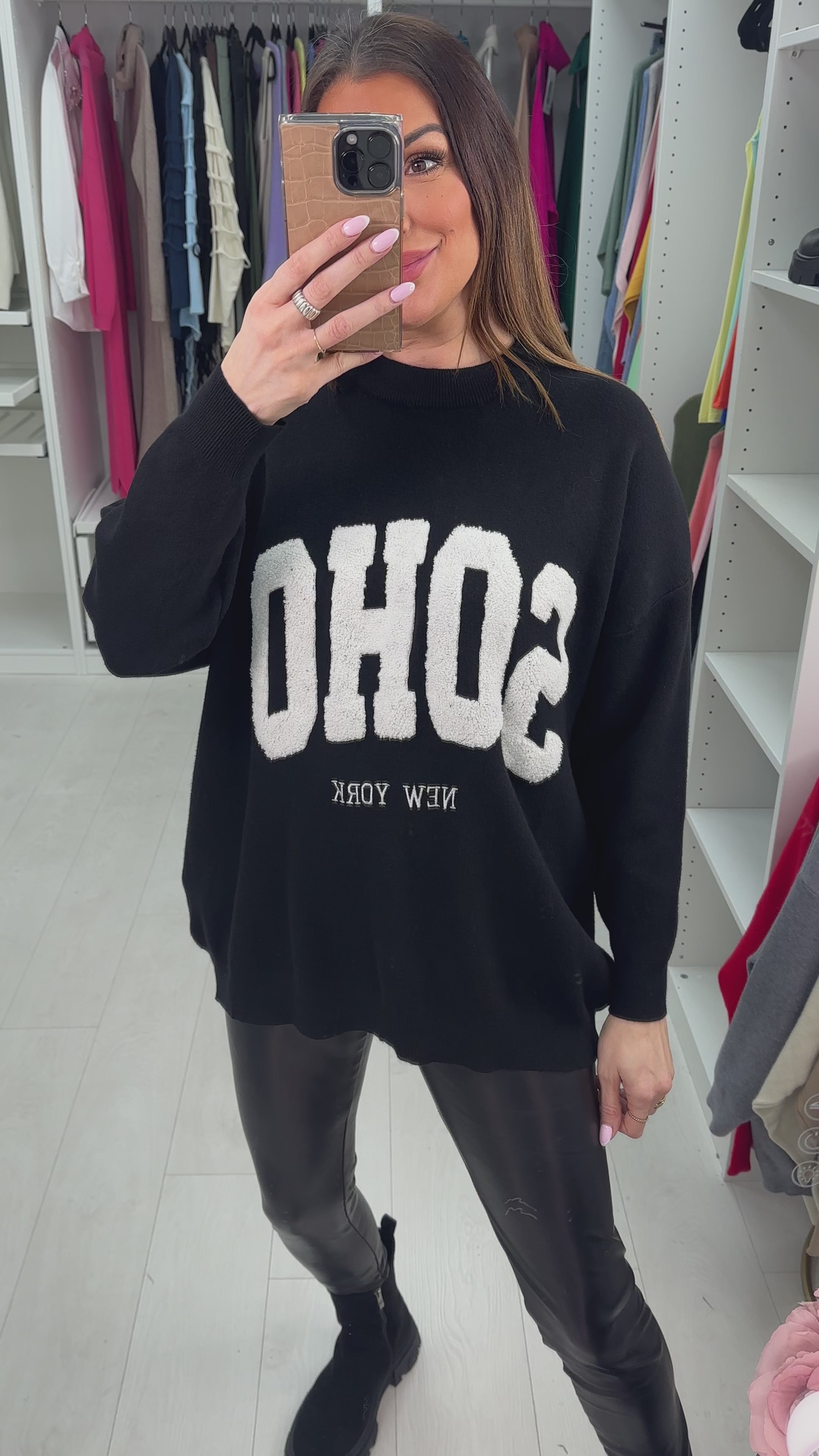 Naomi Boucle 'SOHO' Slogan Crew Neck Jumper