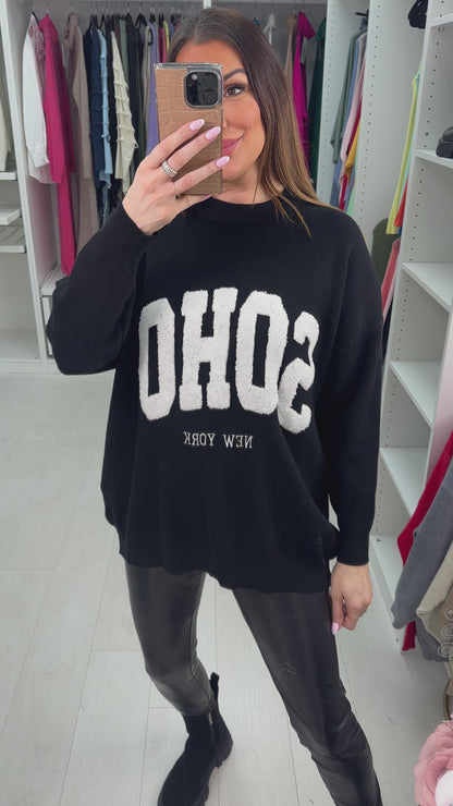 Naomi Boucle 'SOHO' Slogan Crew Neck Jumper