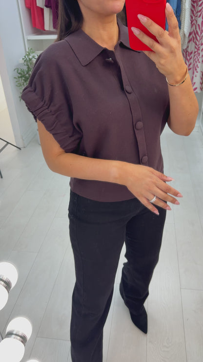 Calluna Plain Button Front Ruched Sleeve Jumper