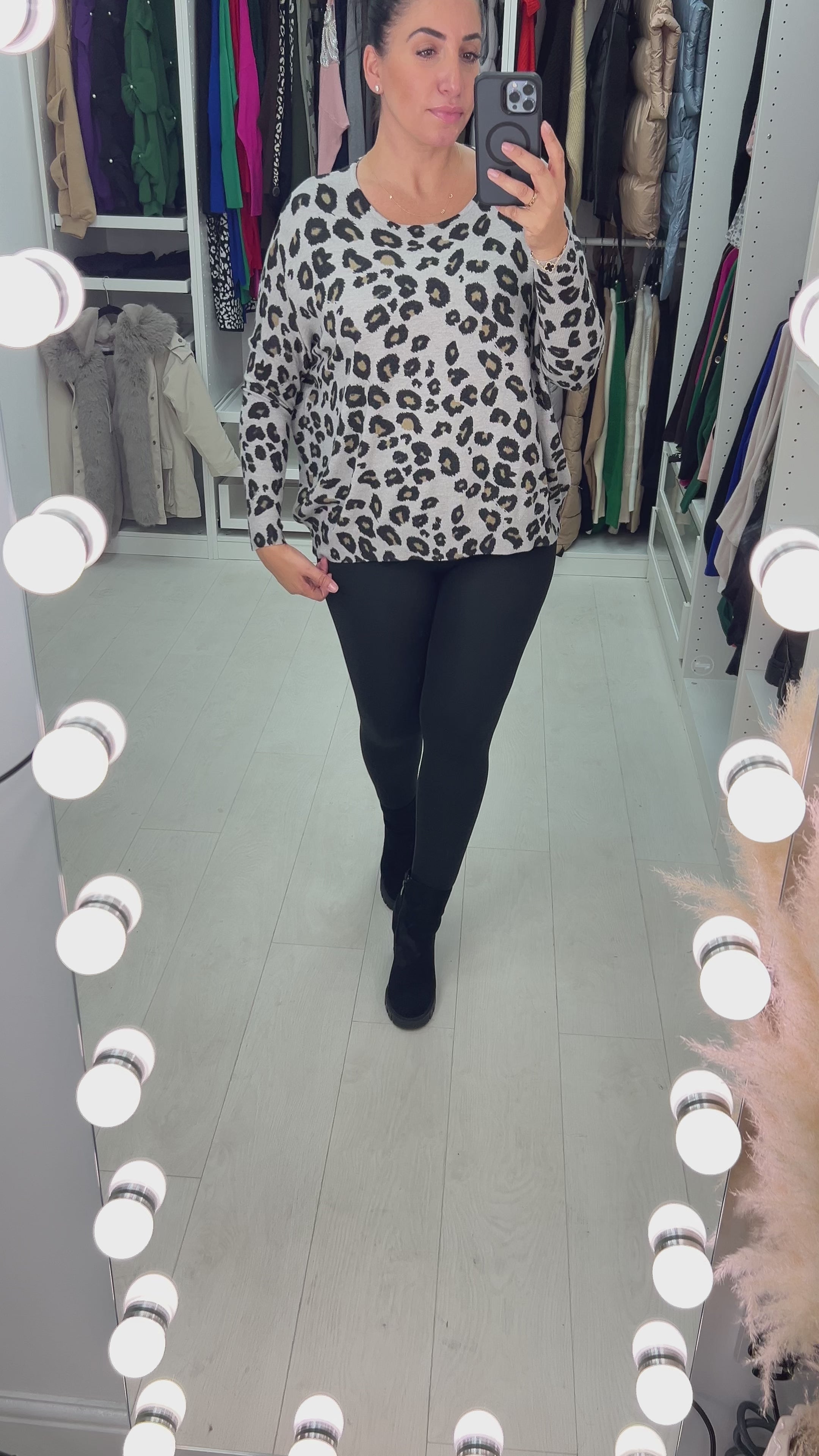 Load video: Jenice Oversized Grey Leopard Print Knitted Jumper