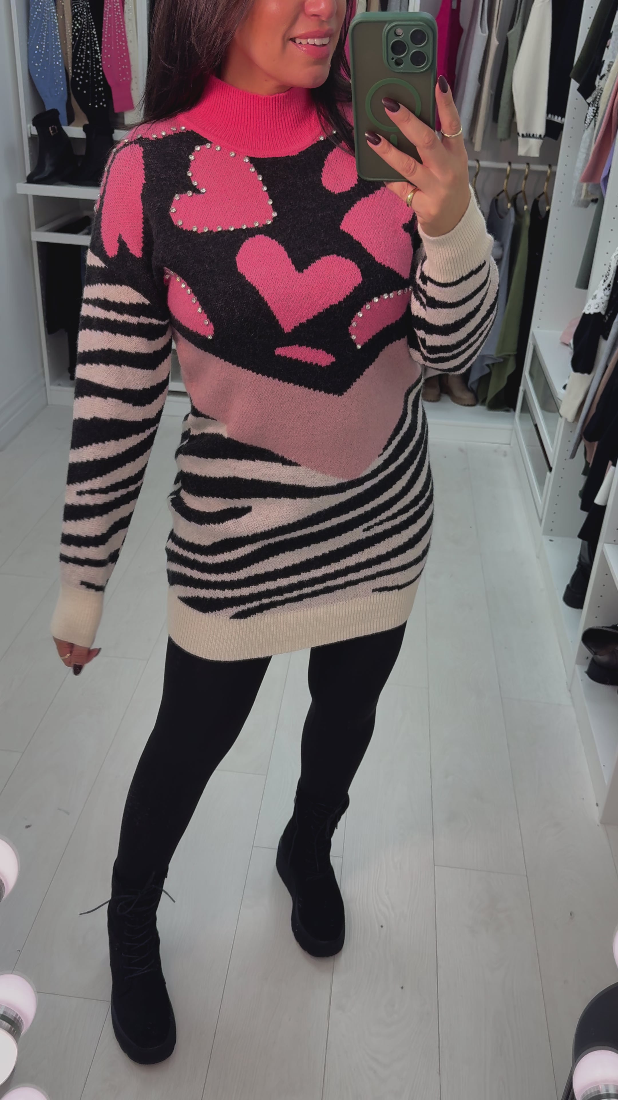 Load video: Agatha Embellished Heart &amp; Animal Print Longline Jumper