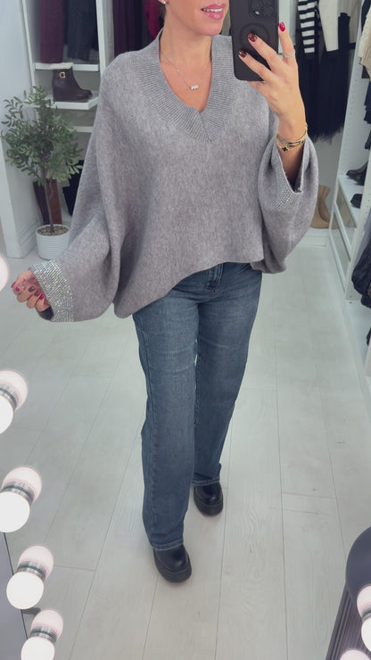 Ramona Plain Diamante Sleeve Detail Loose Fit Jumper