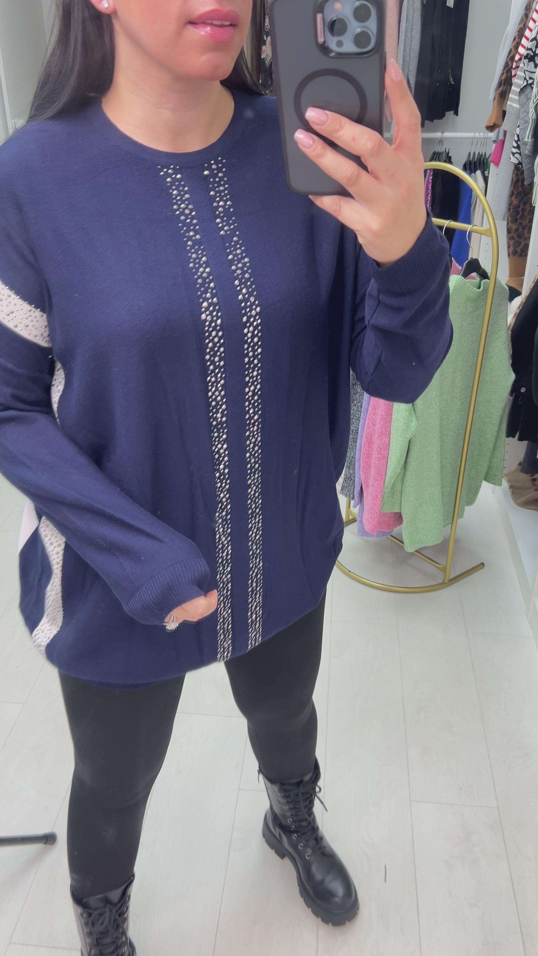 Load video: Venesse Gem Detail Strip Knit Jumper