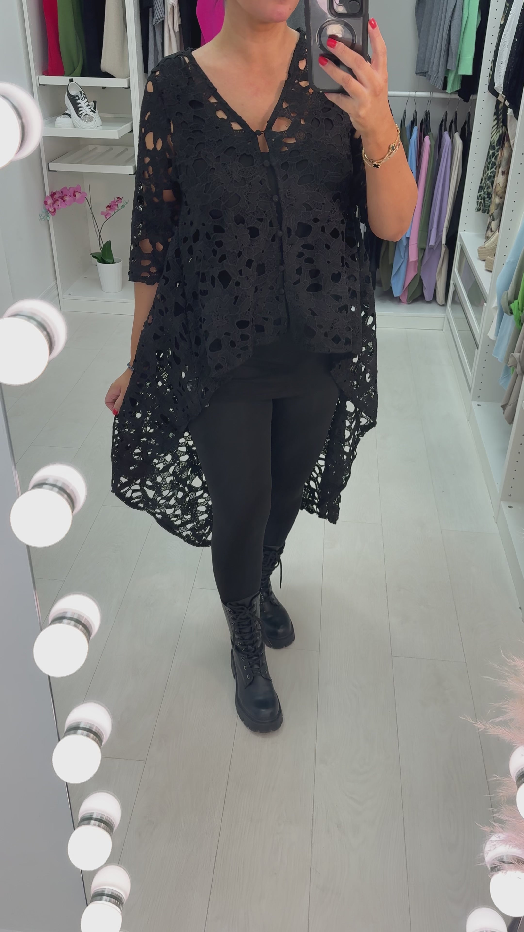 Load video: Solana Black Crochet Dipped Hem Top