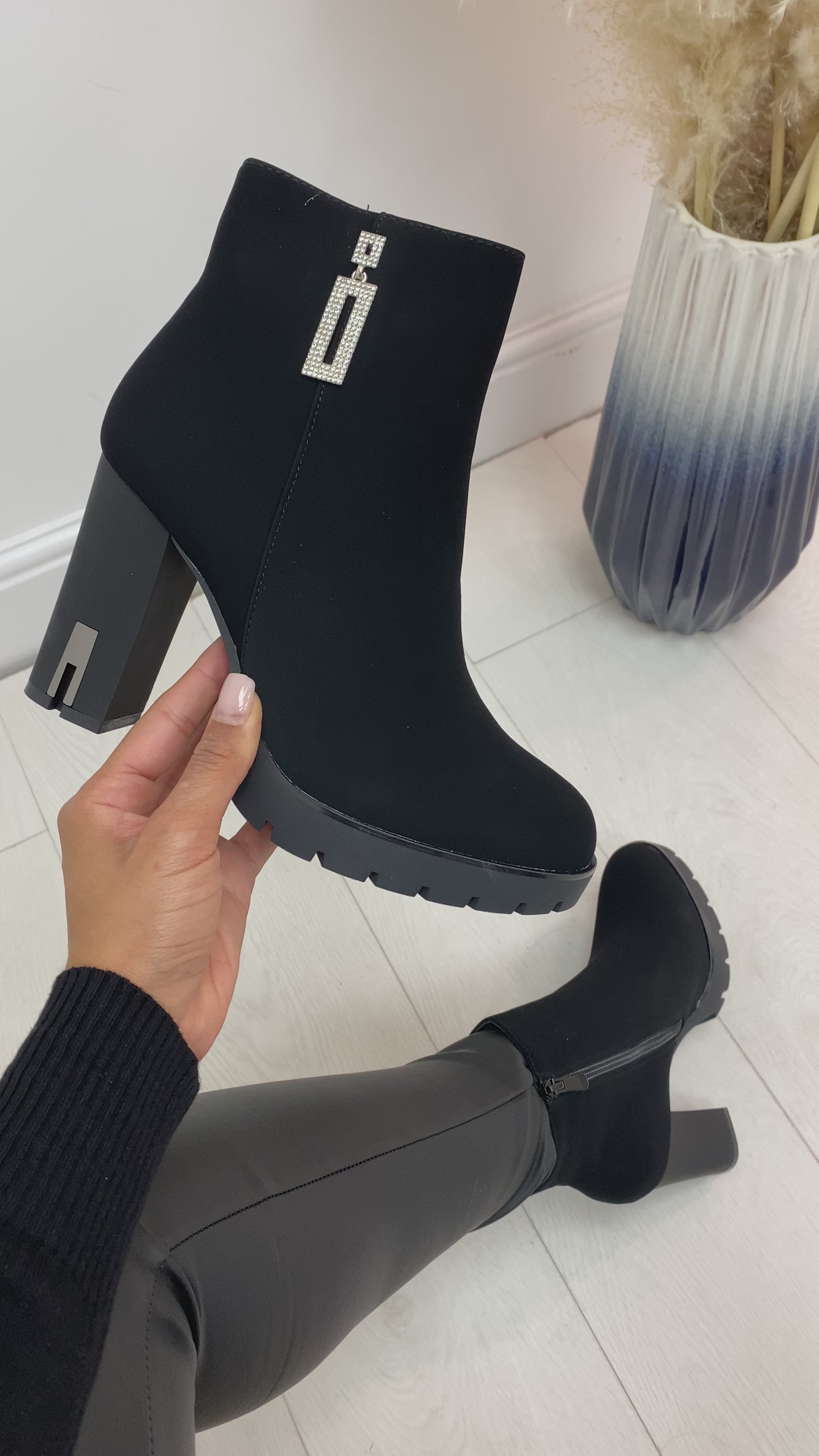 Load video: Kitty Black Soft Faux Suede Diamante Detail Chunky Heel Boot