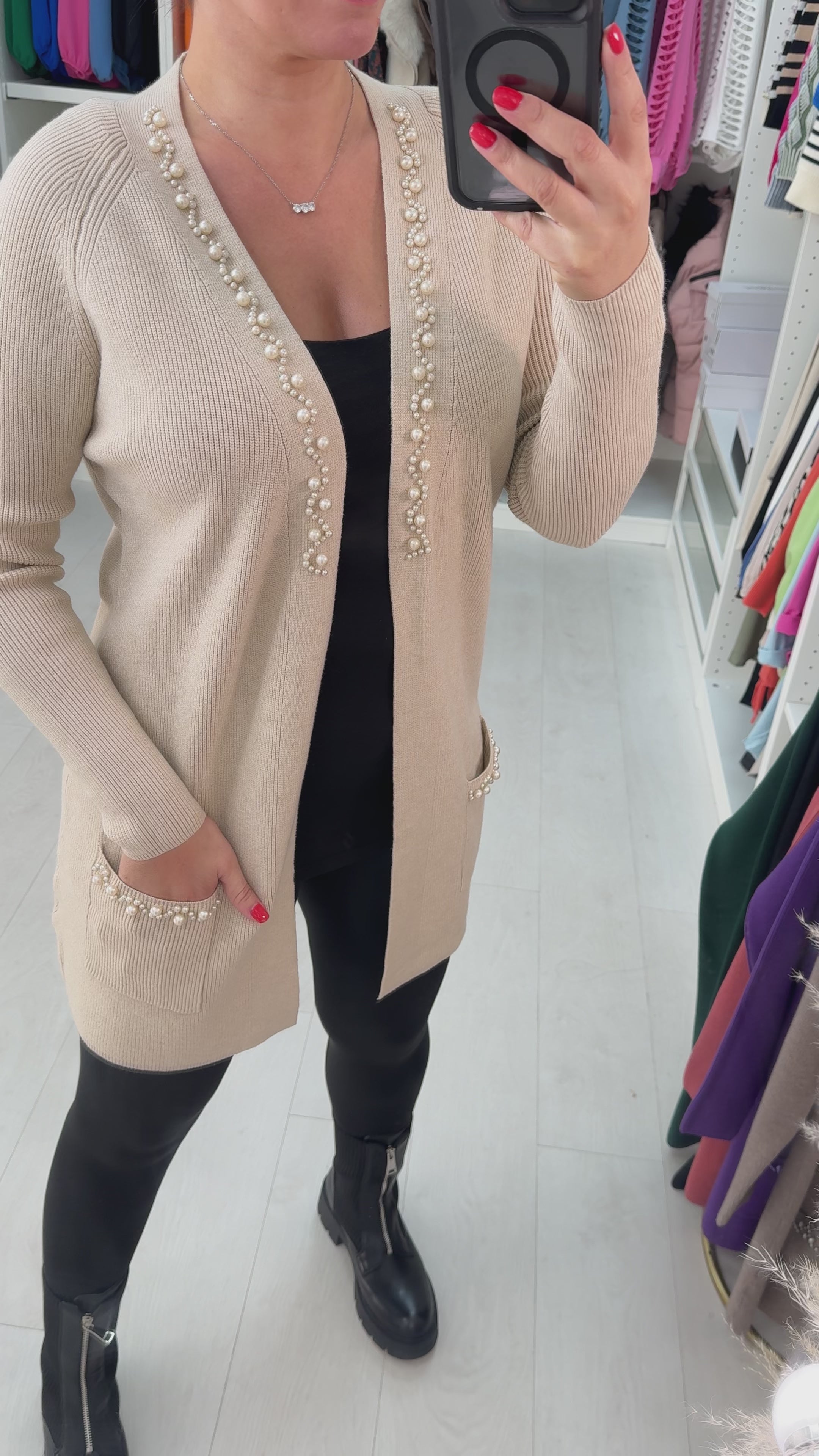 Zahara Longline Pearl Stone Detail Cardigan