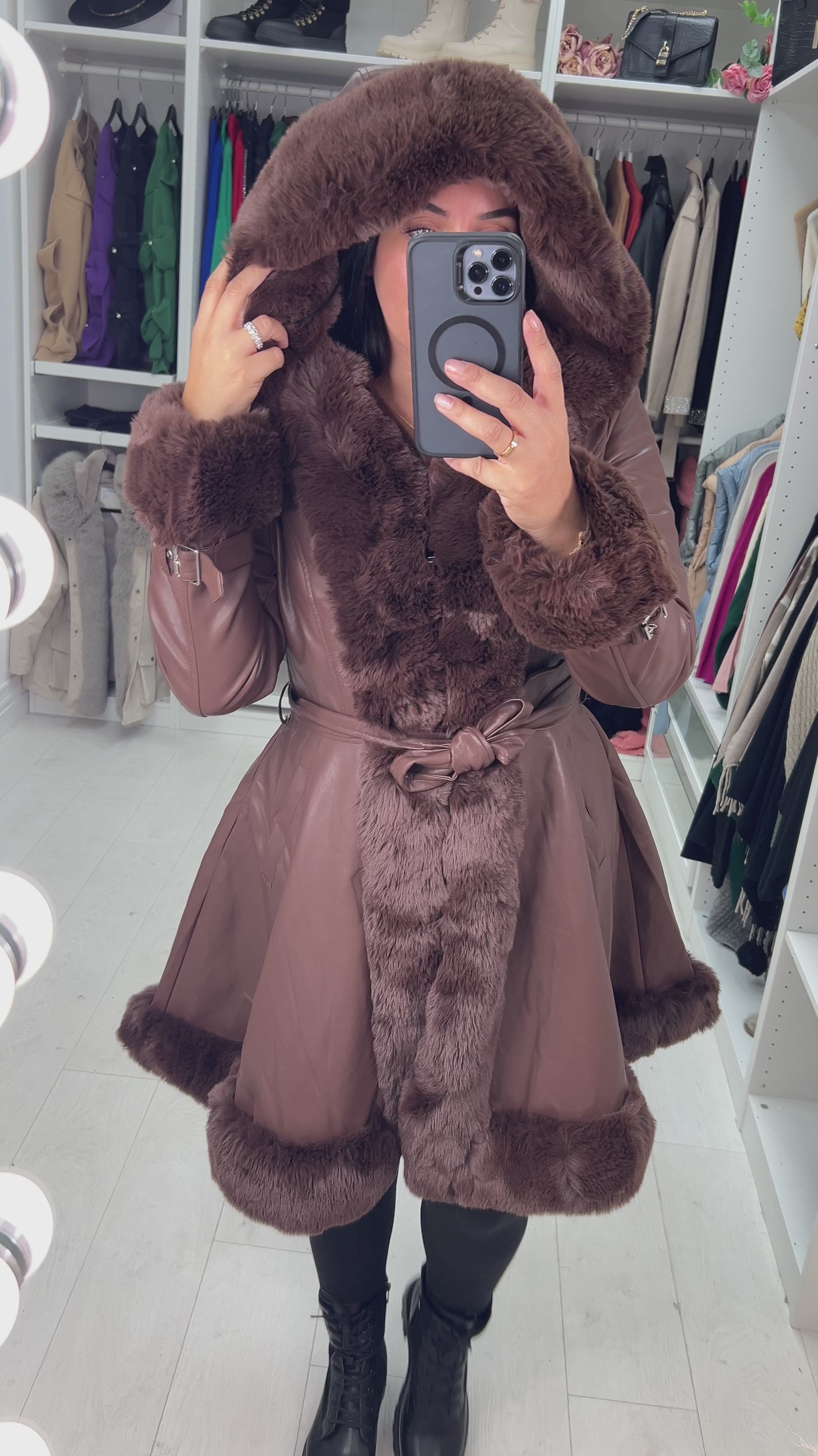 Load video: Stephanie Chocolate Faux Fur Trim Faux Leather Coat