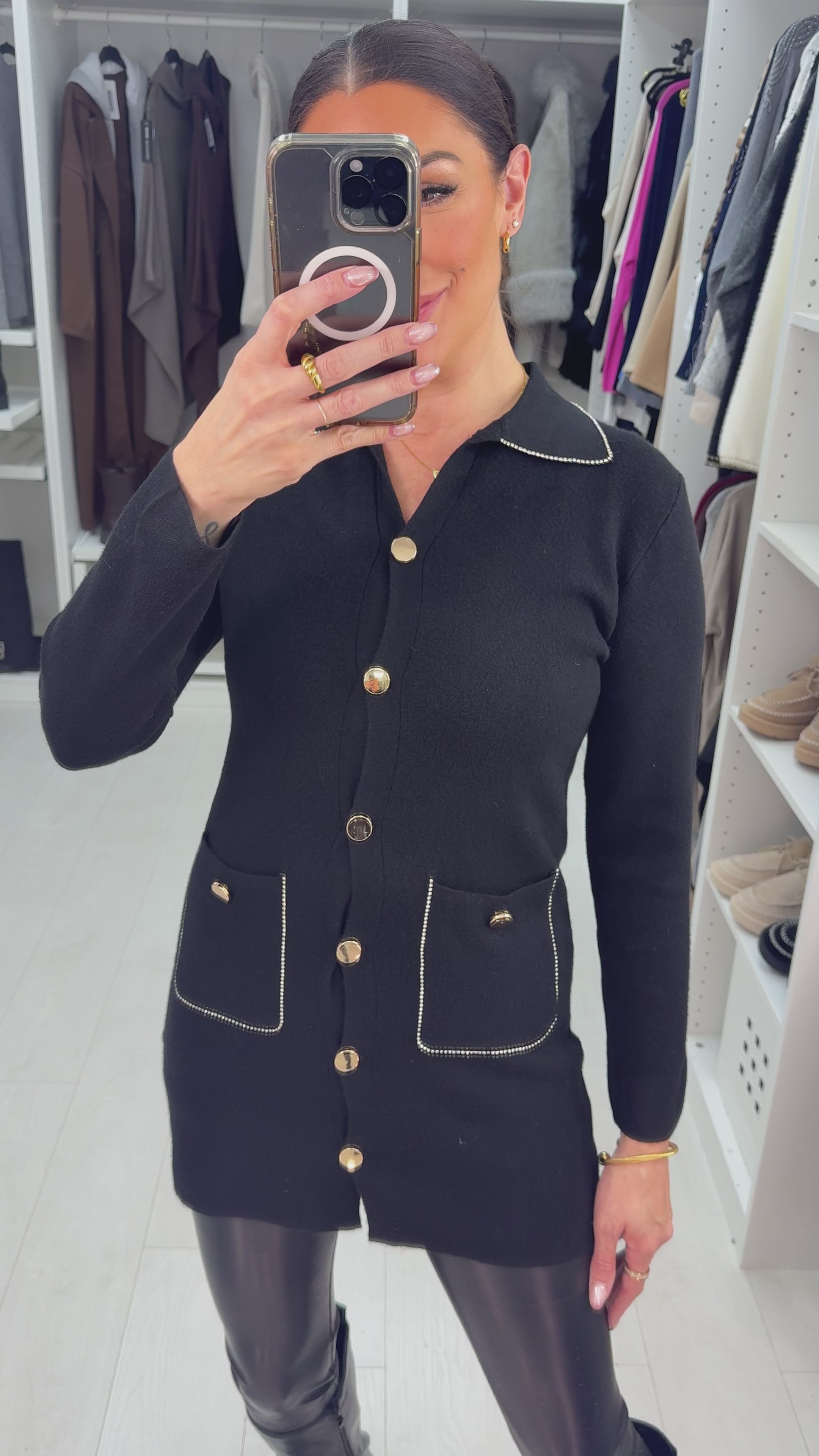 Load video: Zosie Button &amp; Diamante Embellished Longline Cardigan