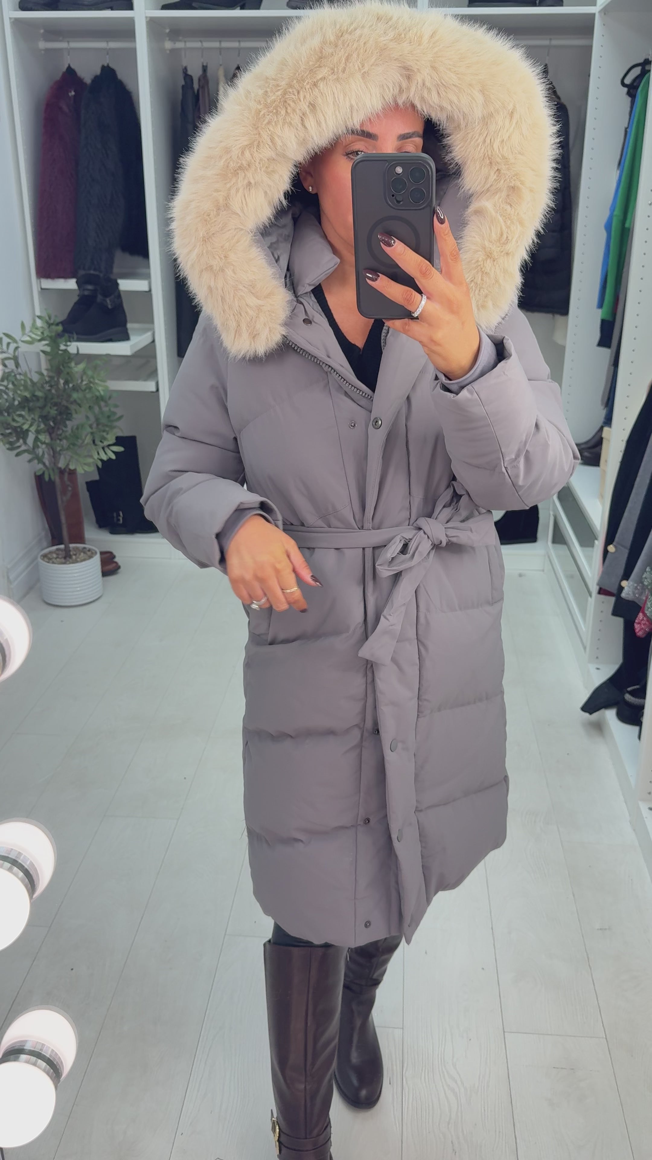 River Faux Fur Hooded Belted Longline Coat