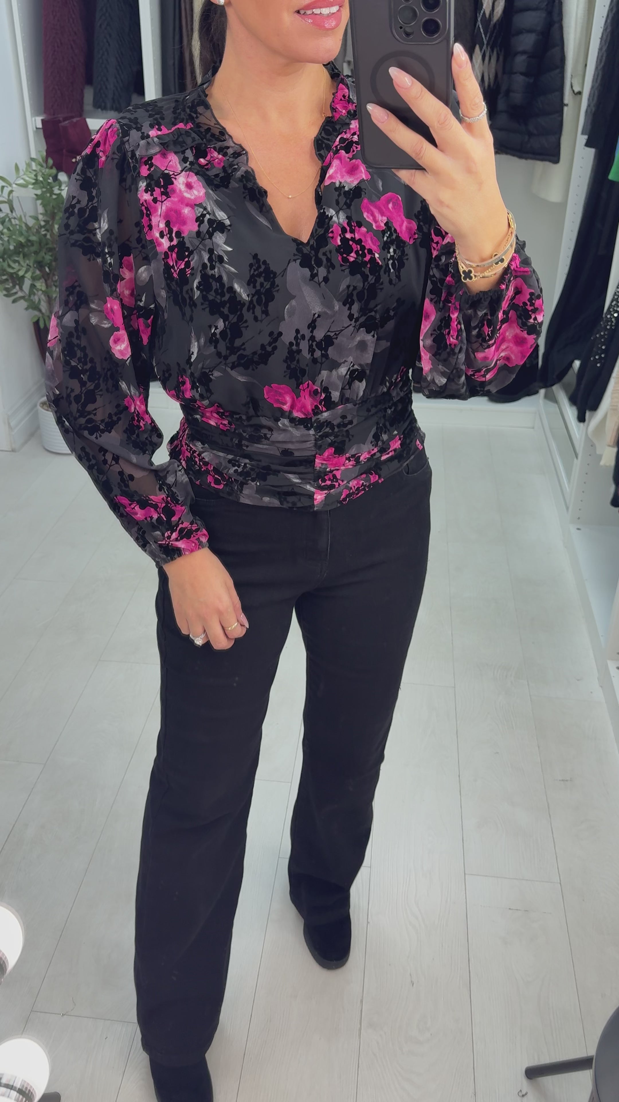 Load video: Issia Floral Print Elasticated V Neck Top