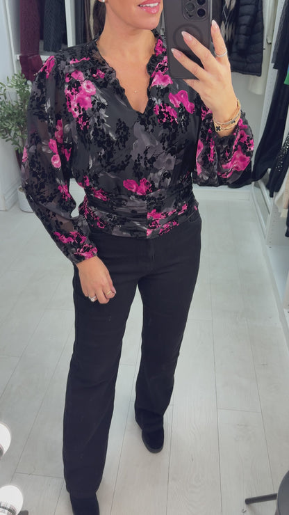 Issia Floral Print Elasticated V Neck Top