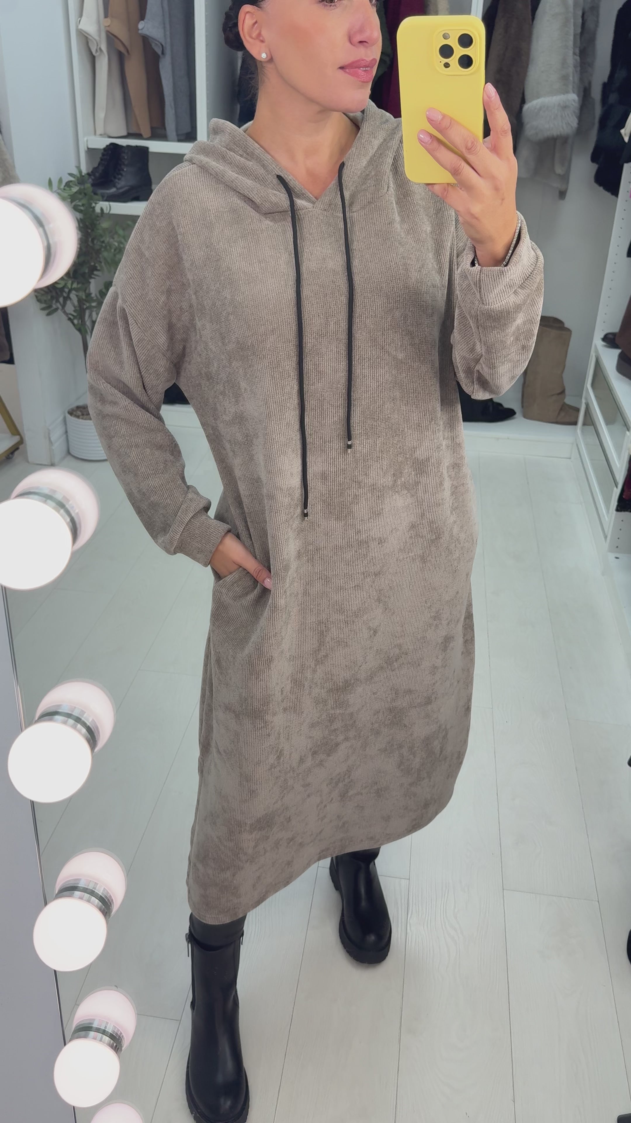 Load video: Audrie Plain Corduroy Hooded Dress
