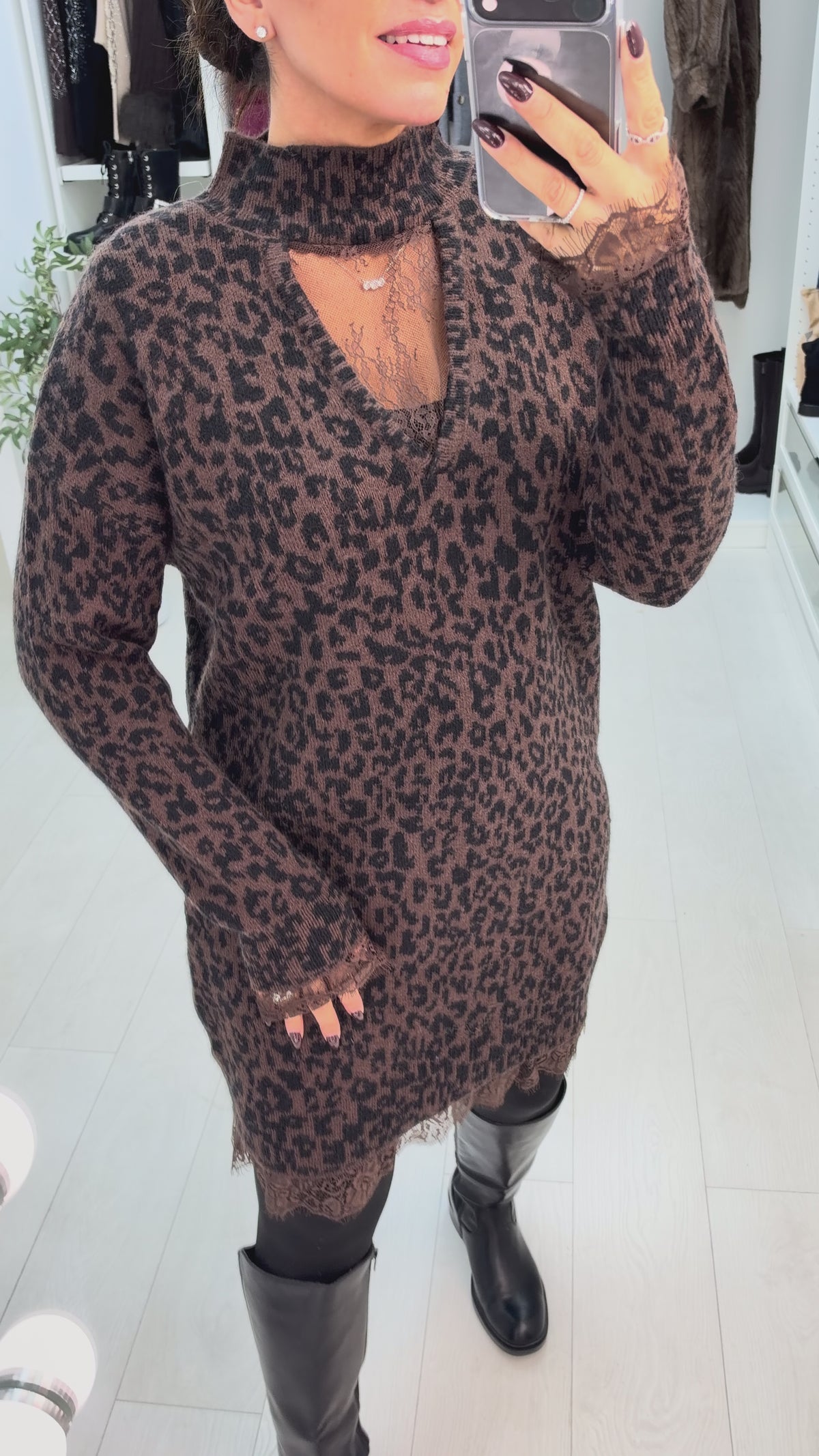 Olara Lace Trim Leopard Print Jumper Dress