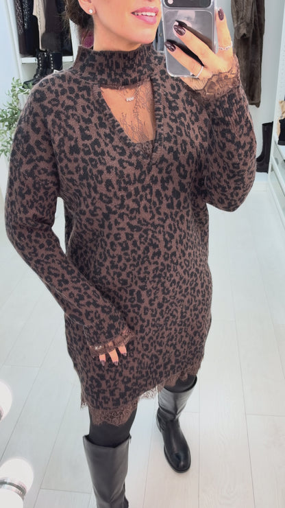 Olara Lace Trim Leopard Print Jumper Dress