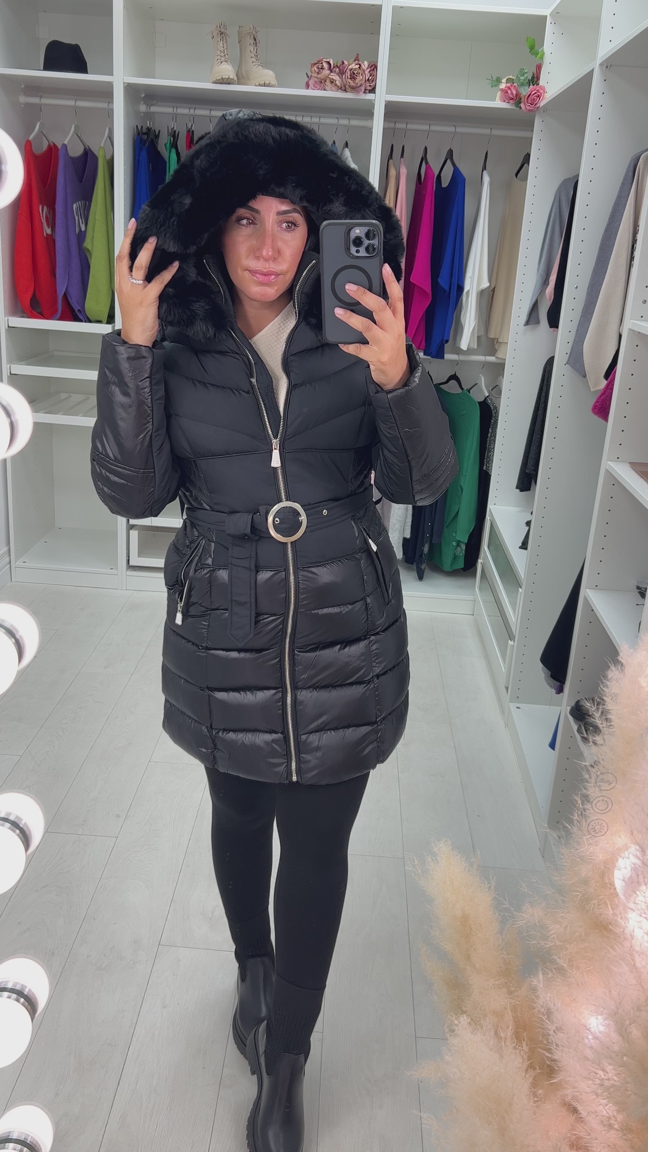 Load video: Jabroni Black Faux Fur Hood Belted Coat