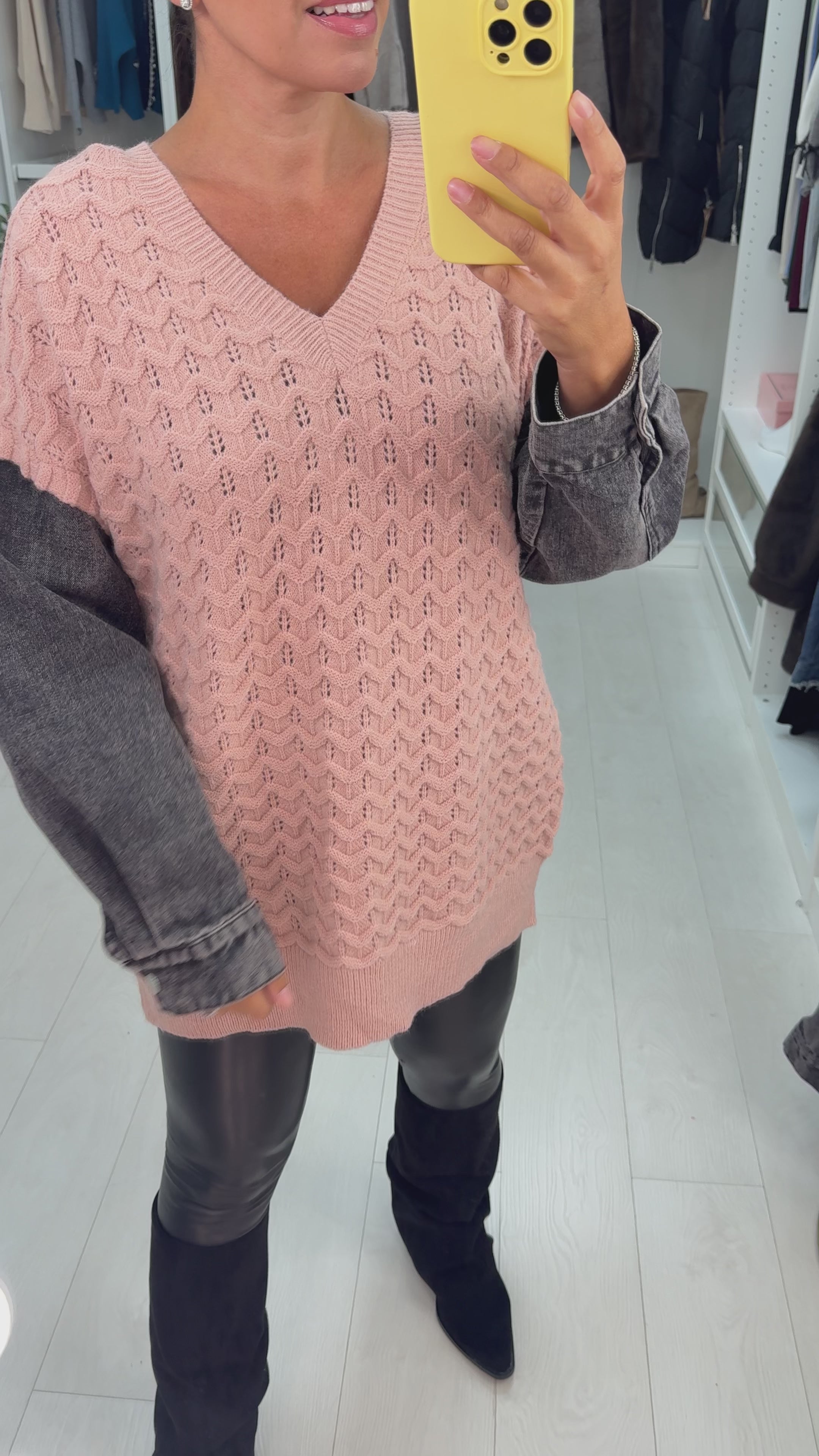 Load video: Meko Textured V Neck Denim Sleeve Jumper