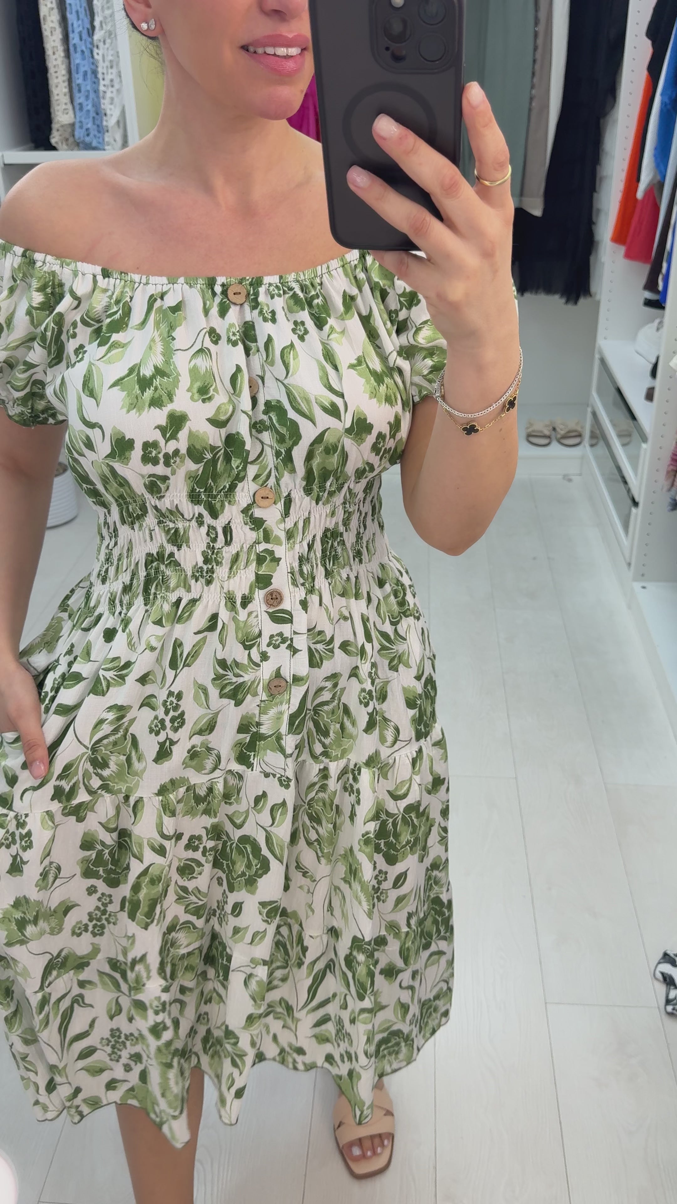 Tyra Floral Button Detailed Shirred Waist Dress