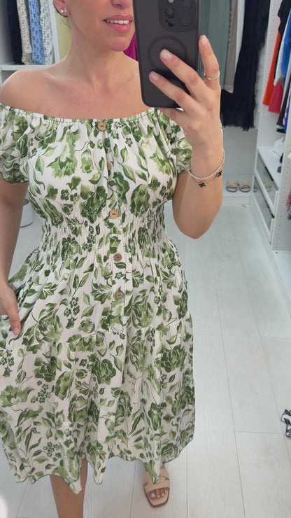 Tyra Floral Button Detailed Shirred Waist Dress