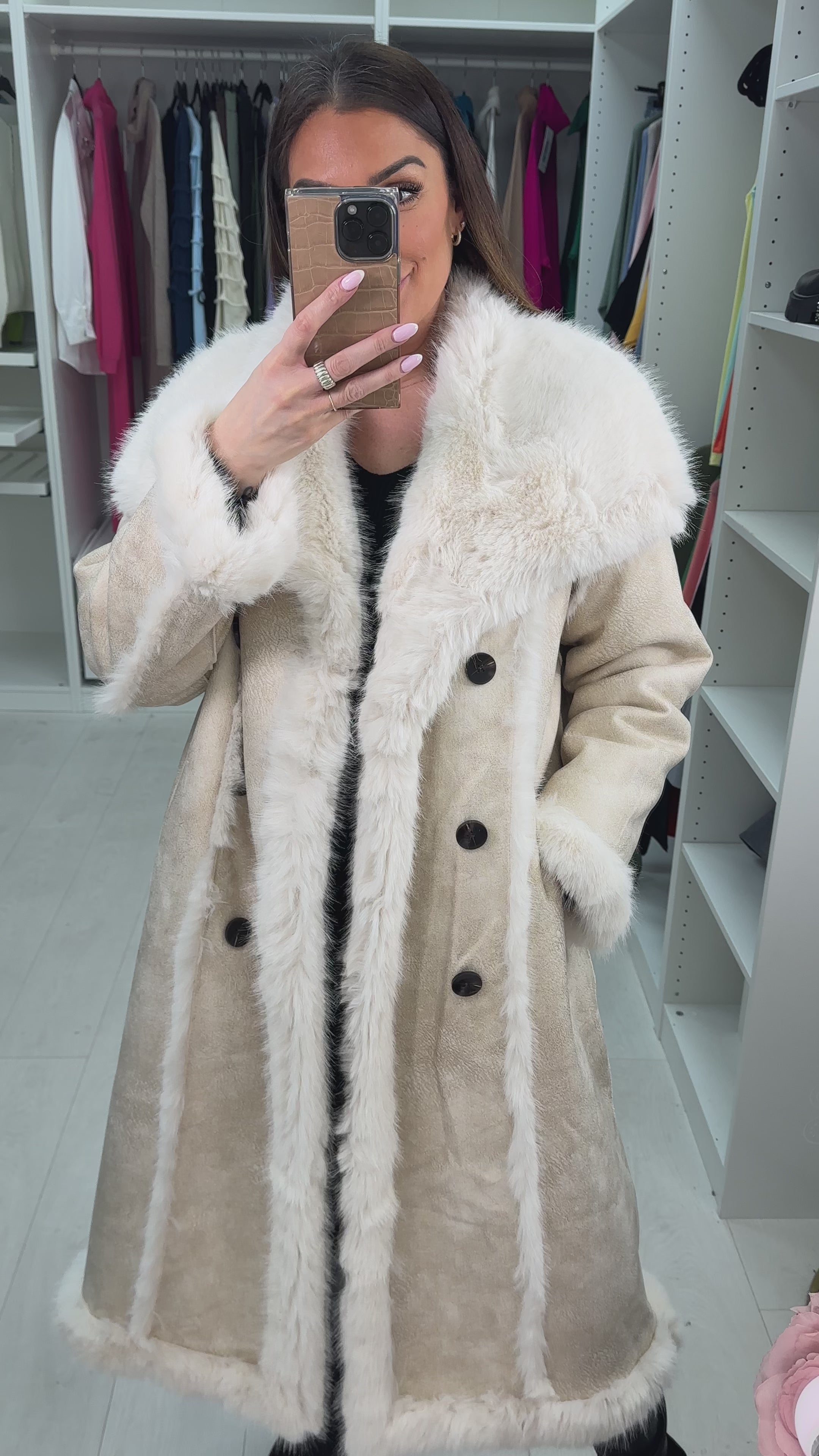 Load video: Gracey Faux Fur/Faux Suede Reversible Longline Coat