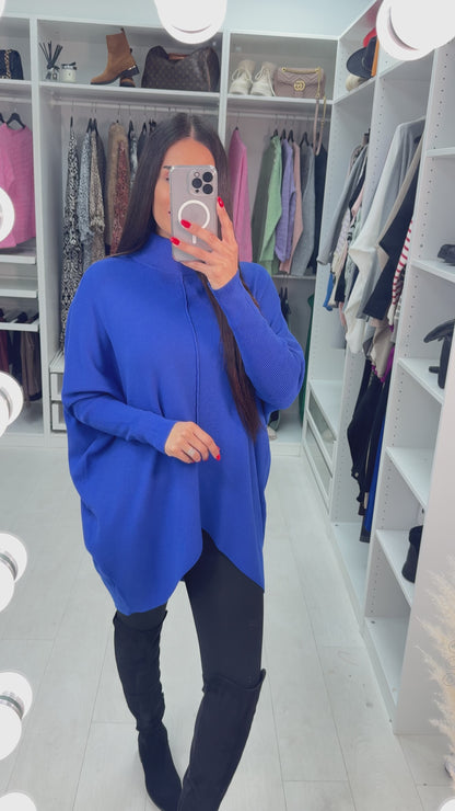 Danya Oversized Ribbed High Neck Dipped Hem Knit Jumper