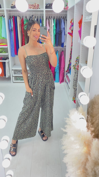 Sasa Leopard Print Elasticated Bust Wide Leg Jumpsuit