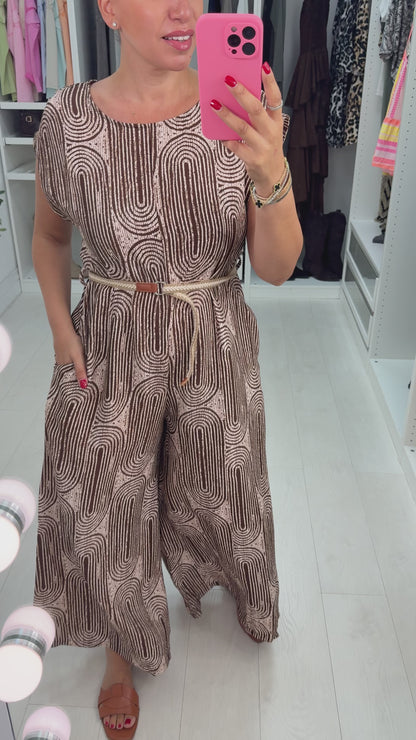 Leona Abstract Printed Belted Wide Leg Jumpsuit