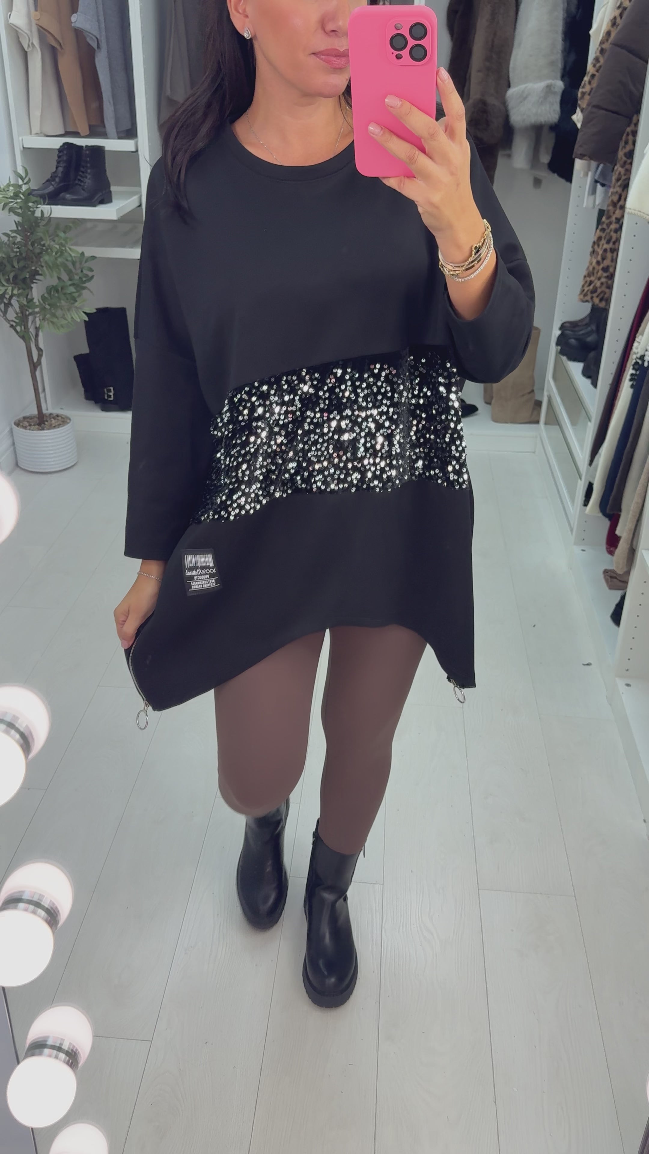 Load video: Romina Sequin Panel Detail Loose Fit Sweatshirt