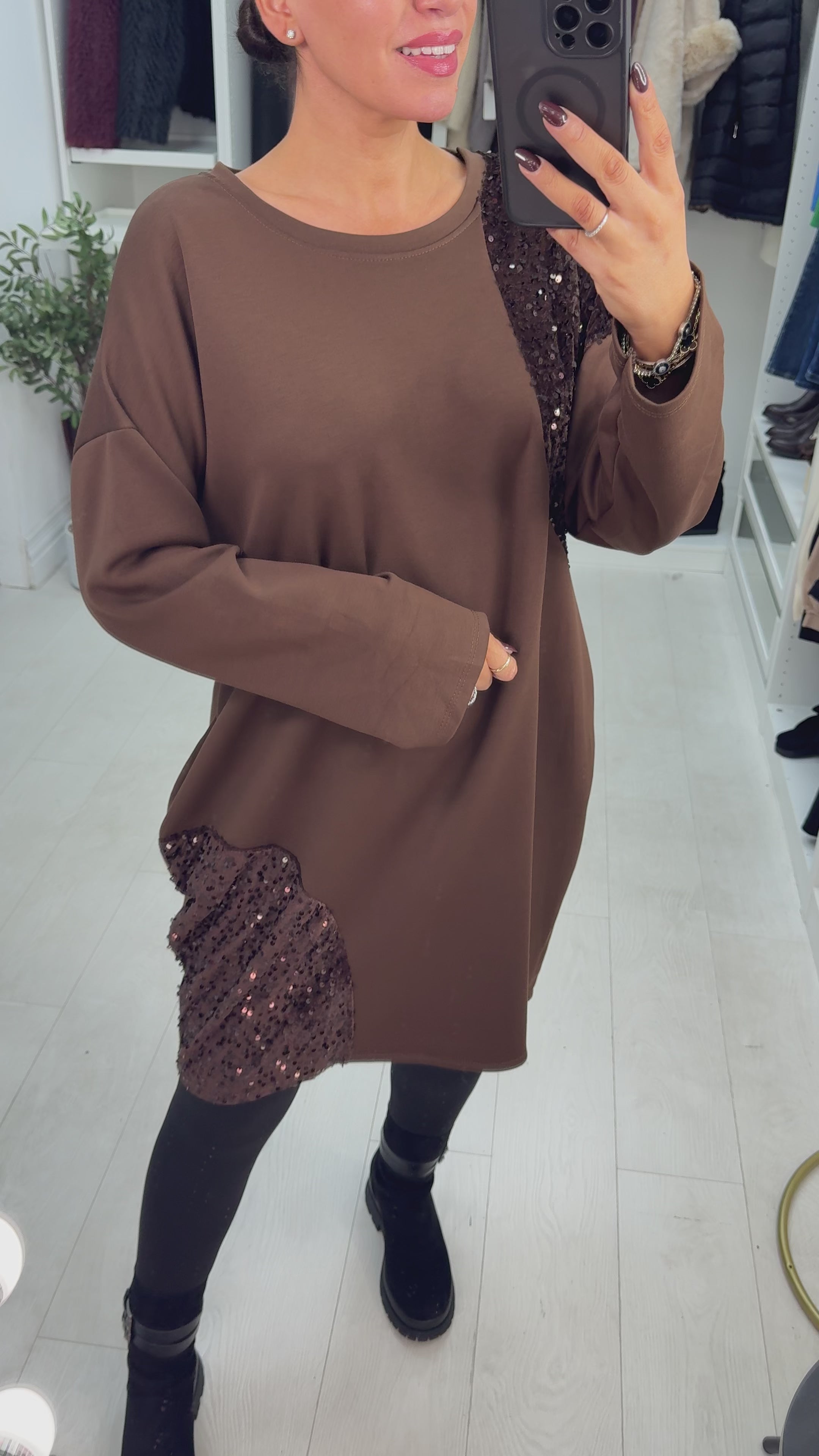 Sharlotte Plain Sequin Panel Loose Fit Dress