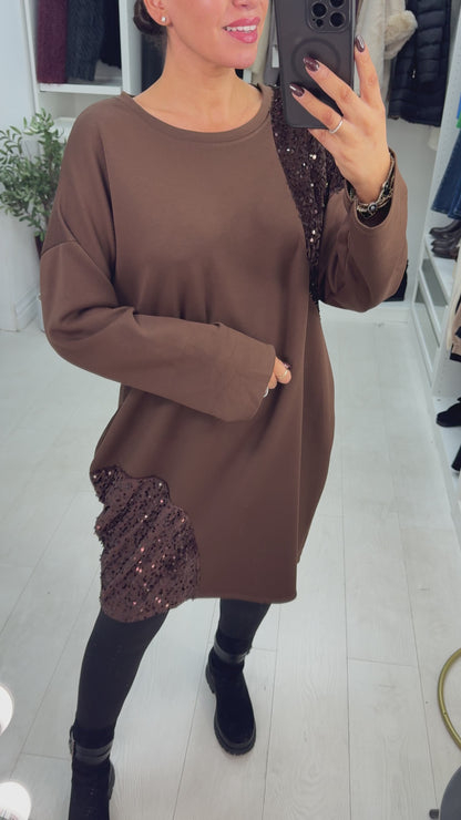 Sharlotte Plain Sequin Panel Loose Fit Dress