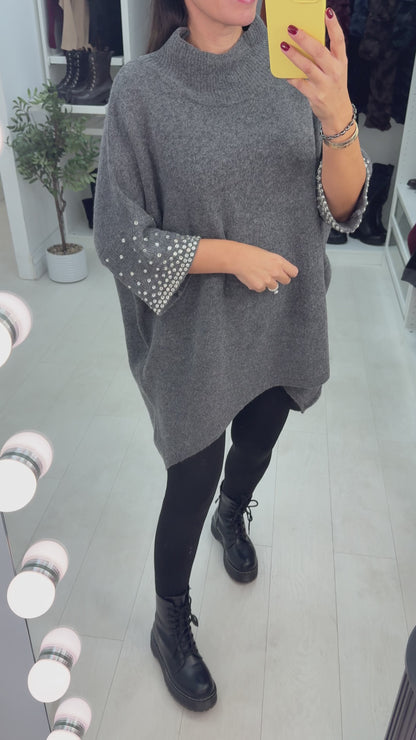 Priscella Plain Diamante Embellished Loose Fit Jumper