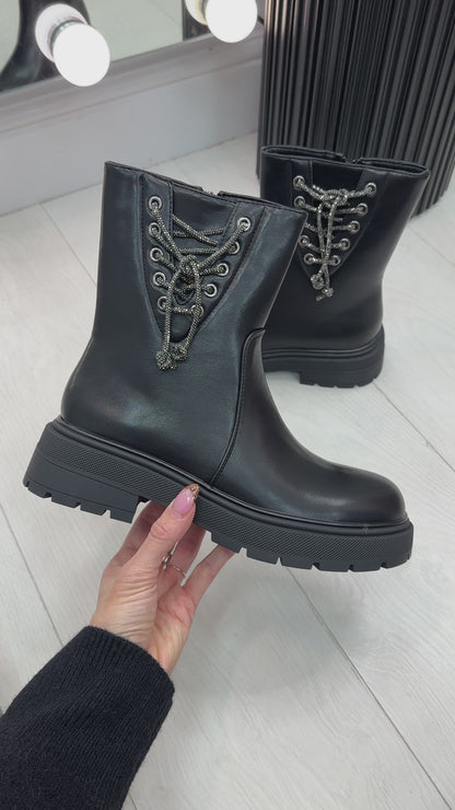 Gordon Black Faux Leather Diamante Lace Detail Boots